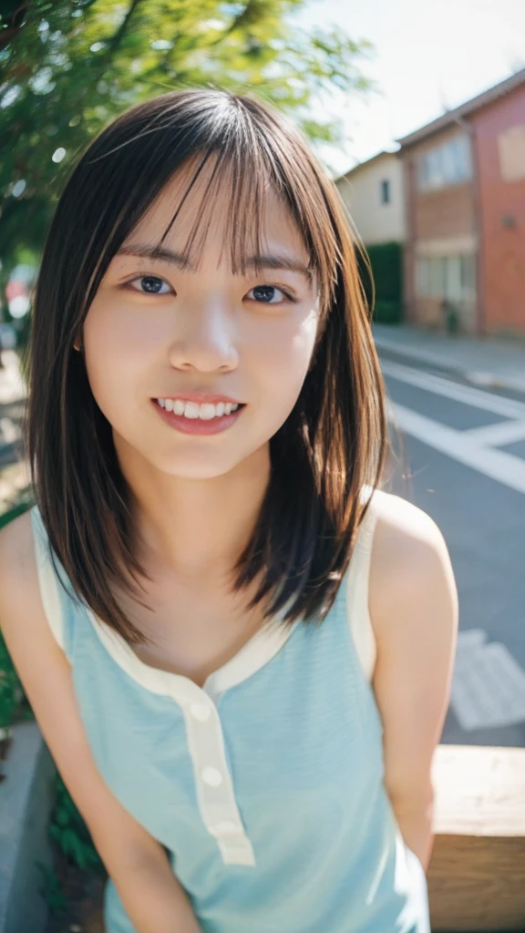 (Highest quality, 8k, 32K, masterpiece, Ultra-high resolution:1.2), Highest quality, masterpiece, Ultra-high resolution, (Realistic:1.4), RAW Photos, One girl, Japanese, cute、One Girl, ((Fisheye Lens, Self Snap)), Wind, Dirty Hair,  Streetscape, (Aesthetics and atmosphere:1.2),Beautiful woman with smile、、Ultra HD、Japanese、Women around 20 years old、Brown Hair、smile、((Smiling with white teeth))、Bust 88cm D cup、She has big breasts、Very shapely breasts、healthy、seems kind、Slim body shape、Height: 158cm、Shopping with friends、Short Bob、flaxen hair、I love my big brother、無邪気なsmile、Taking Purikura photos、background is clear、田舎のStreetscape、Raised in Tohoku、I like cats、