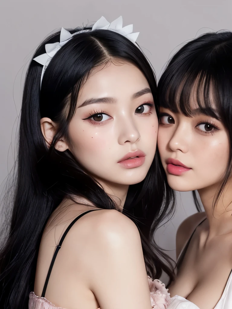 Kim Jennie con el cabello negro oscuro, con rulos en las puntas del cabello negro oscuro, con un ganchito de estrella en el cabello negro oscuro, ojos de color claro, ojos bonitos, ojos llorosos, nariz bonita y respingada, labios bonitos, labios rosas, heart and cupid shaped lip, piel bonita, pale, piel blanca, con lunares y pecas en todo el rostro, rubor rosa suave en las mejilla, rubor rosa natural, dark and gothic makeup, Jennie gotica, mientras ella esta con un chico lindo a su lado, with a cute asian boy standing next to her, mientras hay un torso de hombre, mientras el hombre&#39;His hand is on his jaw.., manos bonitas de hombre, with a gothic boy, cuellos bonito, cuello marcado, frown, mirada enojada, con un collar de beso, un collar bonito de beso, mientras muestra sus pechos desnudos, mientras tiene los pezones con dos corazones de papel rosa, tiene los pezonnes con corazones de papel rosa (pechos grandes, pechos suaves, pechos bonitos, pechos naturales), con un chico a su lado, con su novio, mirando a la camara, autofoto
