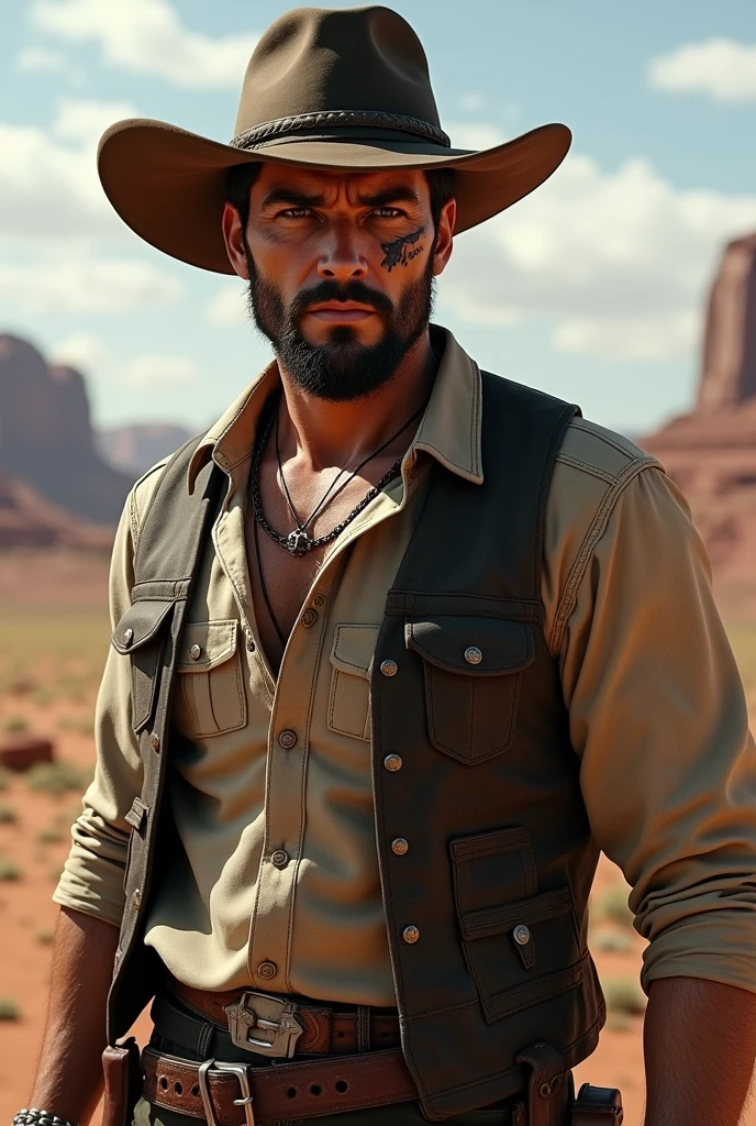 tmasterpiece,Ultra photo realsisim,32K,extremely detailed nipple,Western cowboy,choker necklace,Bracelet, Unified wallpaper, Best quality,Cinematic style, (shredder:1.2),(Westworld:1.5), (Sci-fi Westerns:1.3)