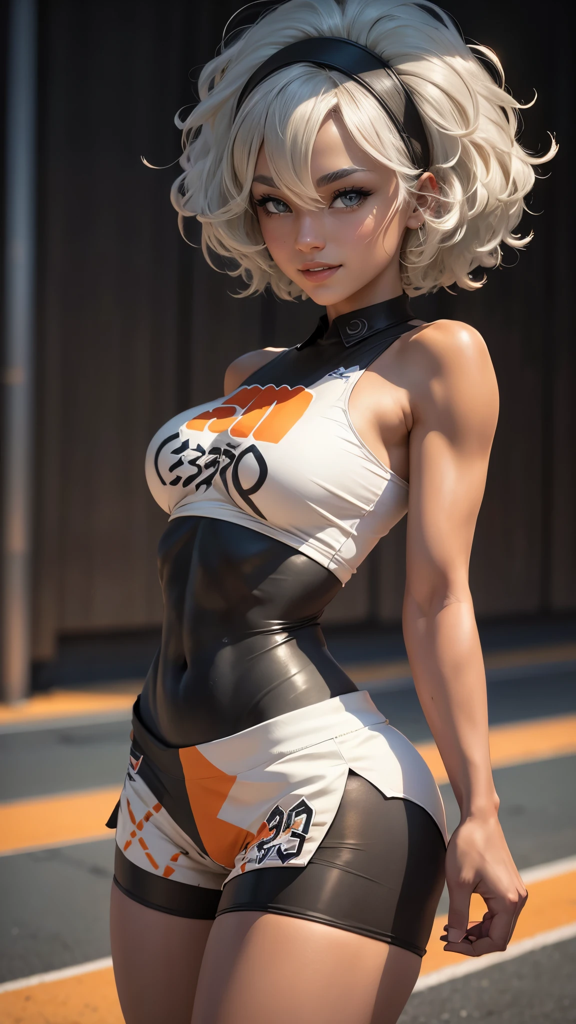 Bea da pokemon,(best qualityer,4K,8k,high resolution,work of art:1.2)(weather: windy), running track background, short curly hair, gray hair, cropped shirt, micro shorts, thigh high stockings, headband, gloves, leotard, ultra detailed,realistic,beautiful detailed gray eyes, beautiful detailed lips,extremely detailed eye and face, long eyelashes,average,large breasts,flying hair,beaming smile, cute smile,powerful girl, stretching the legs, bright coloured, dramatic lighting,