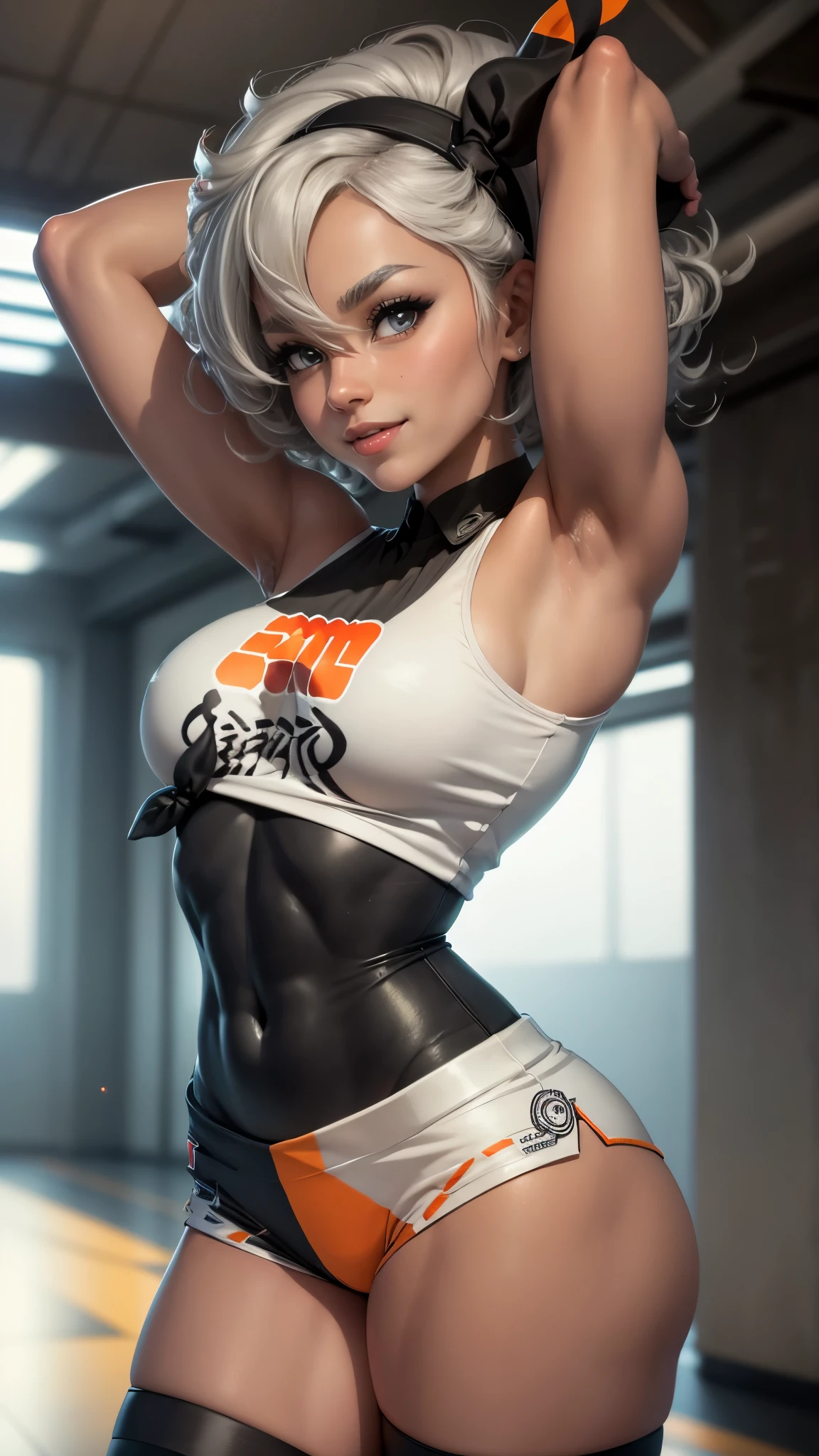 Bea da pokemon,(best qualityer,4K,8k,high resolution,work of art:1.2)(weather: windy), running track background, short curly hair, gray hair, cropped shirt, micro shorts, thigh high stockings, headband, gloves, leotard, ultra detailed,realistic,beautiful detailed gray eyes, beautiful detailed lips,extremely detailed eye and face, long eyelashes,average,large breasts,flying hair,beaming smile, cute smile,powerful girl, stretching the legs, bright coloured, dramatic lighting,