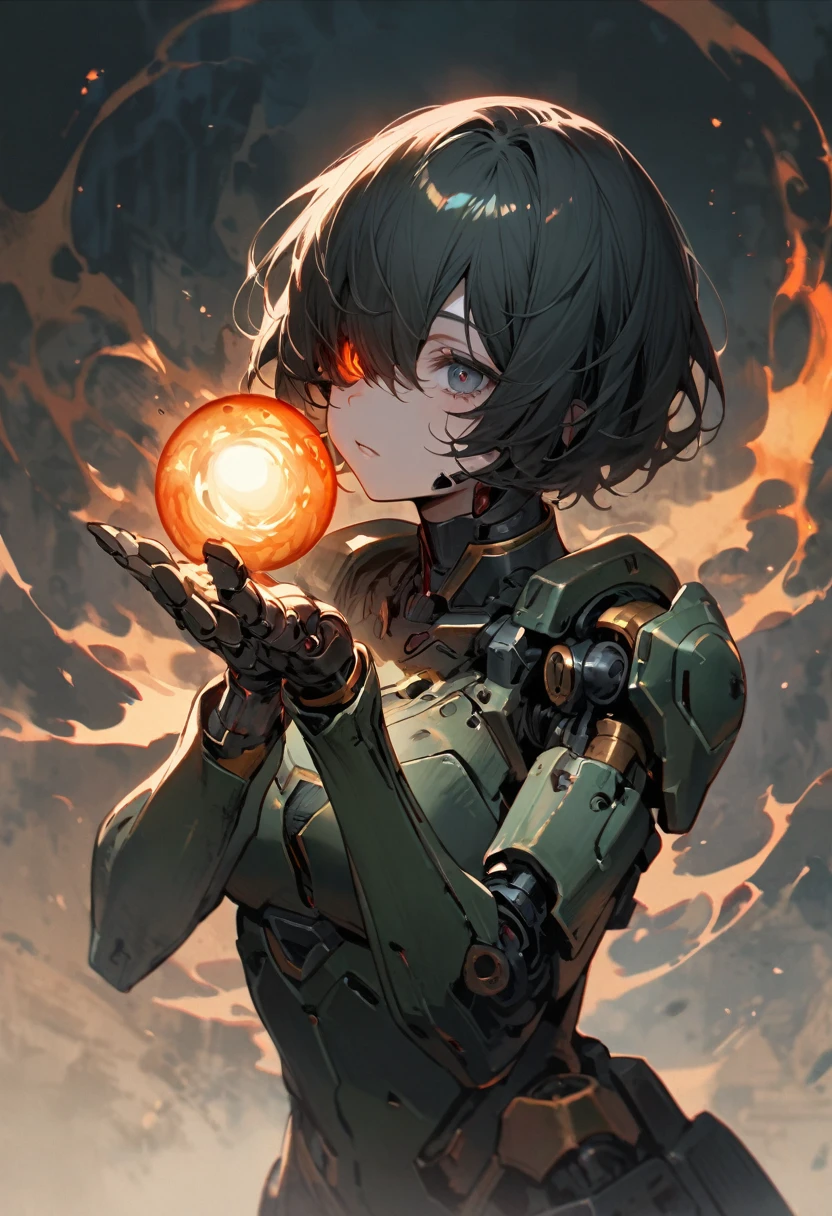 High resolution, masterpiece, Highest quality, girl, , Full body portrait:1.5, Black Short Hair, (cyborg:1.2), (Right eye is mechanical:1.3, The right half of the body is mechanized:1.5), (The left half of the body is flesh), stick your right hand out in front of you, Put your left hand on your right hand, An energy ball shoots from the palm of his right hand