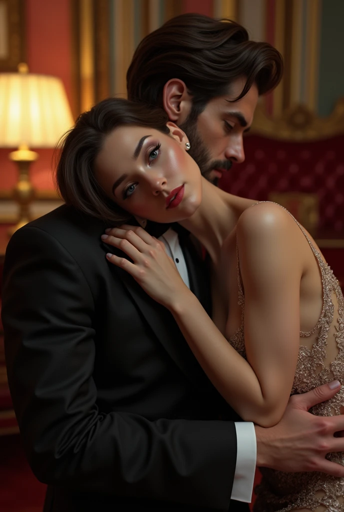 A man kneeling before a femme fatale and she dominating him in a fancy bedroom
