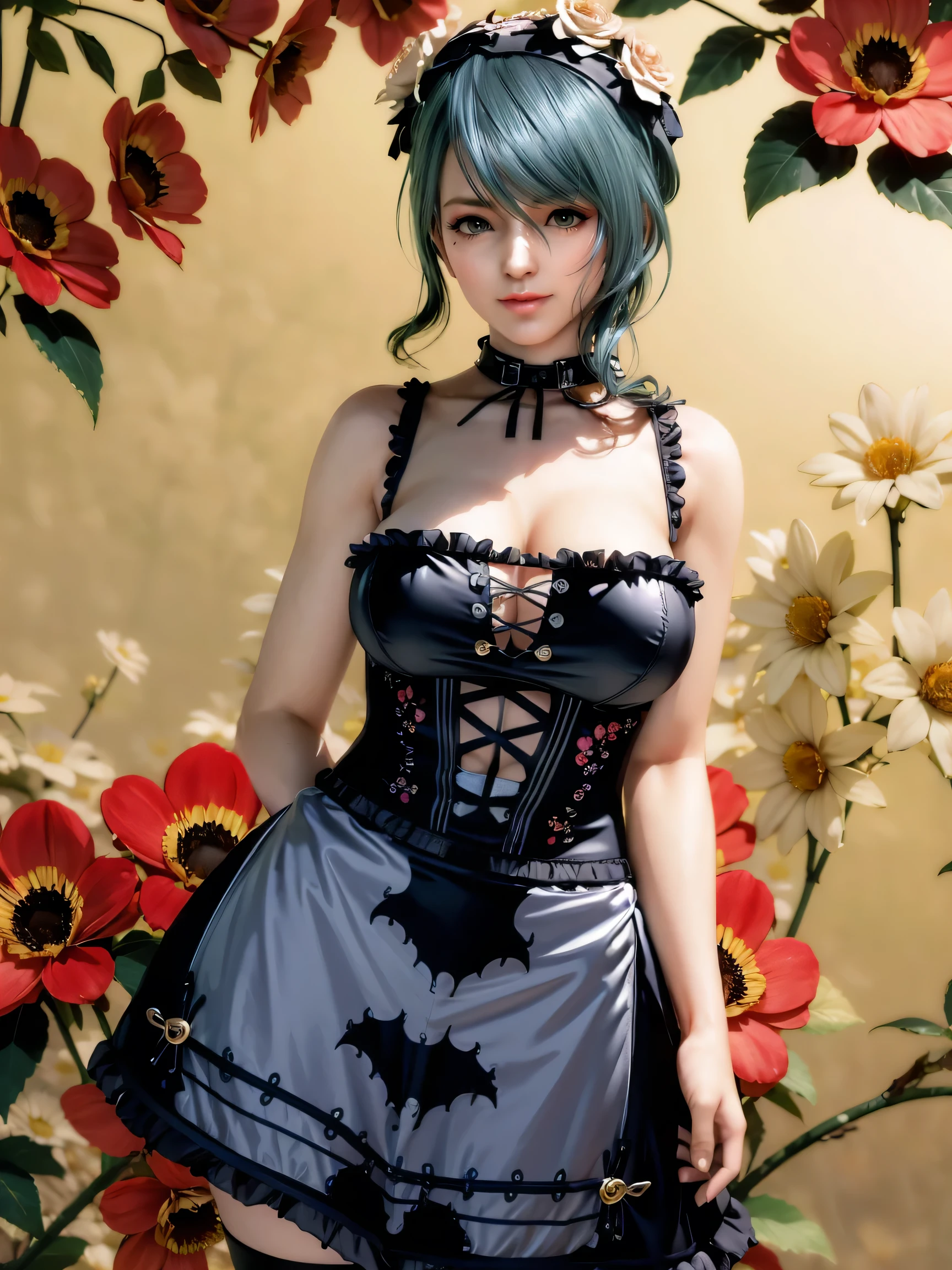 (floral background:1.5), summer,
BREAK,
smile, embarrassed, (contrapposto:1.1), arms at sides,
BREAK,
(gothic ta:1.4),masterpiece, best quality, high resolution, 4k, ultra high resolution, highly detailed, highly detailed, beautiful eyes, beautiful hair, beautiful side, beautiful skin,shiny skin,good hands,,curvy,tamaki,(Mole under left eye),Cosmic eyes