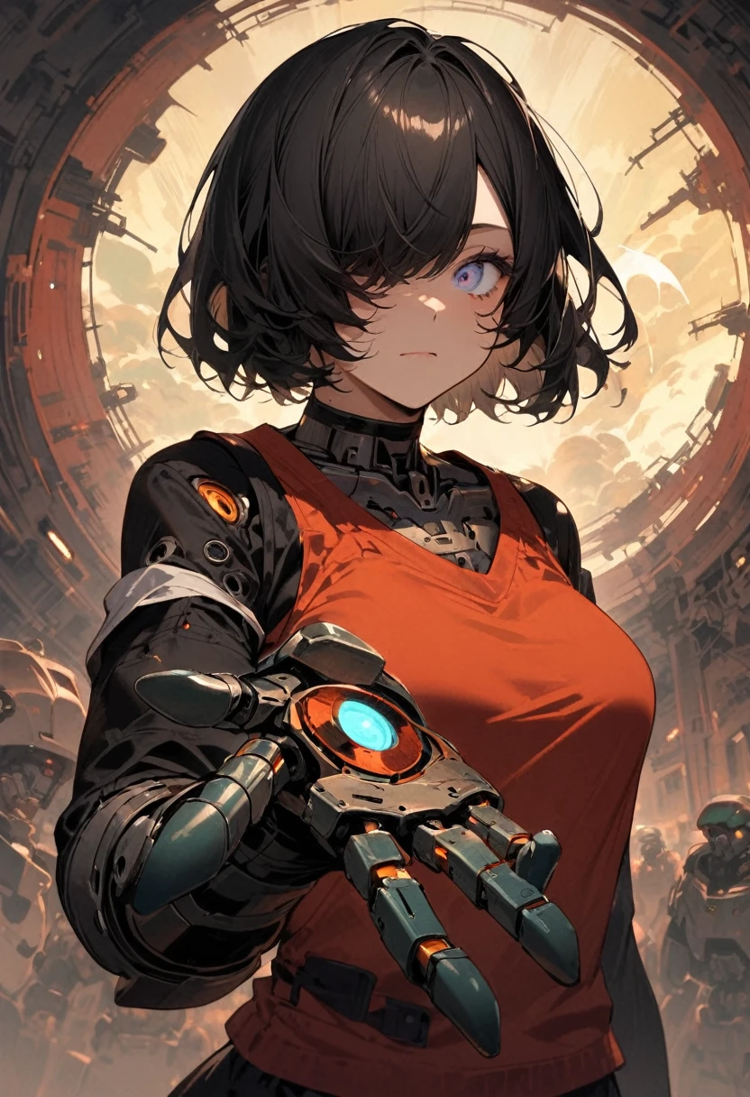 High resolution, masterpiece, Highest quality, girl, , Full body portrait:1.5, Black Short Hair, (cyborg:1.2), (Right eye is mechanical:1.3, The right half of the body is mechanized:1.5), (The left half of the body is flesh), ((stick your right hand out in front of you)), Put your left hand on your right arm, Energy wave from the right palm, Injection hole in the palm