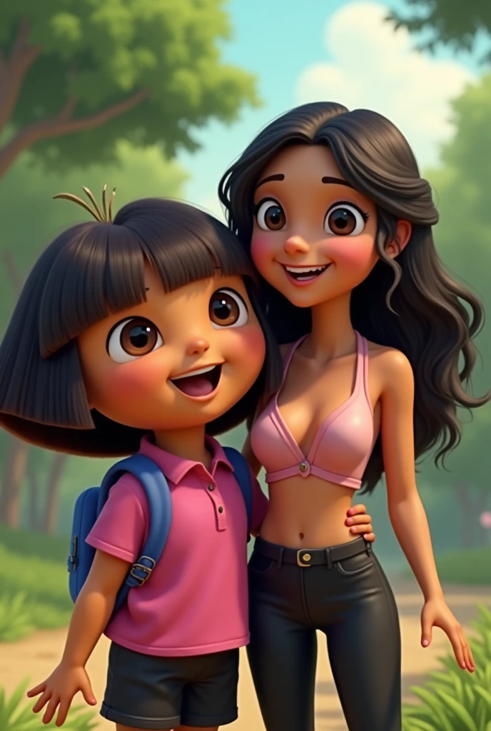 ((work of art, best qualityer)), whole body, (just 0.6), 1 girl, grown-up, bracelet, (dark skin 0.6), dark brown hair, shorth hair, eyes browns, SUNSET, Desert Ruins, pink top, shorts laranja, breasts big, no good, nipple outline, Grinning, sensuous