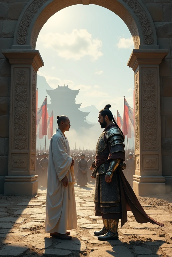 A samurai dojo being seen off by his master before battle With a hug Army in the background
