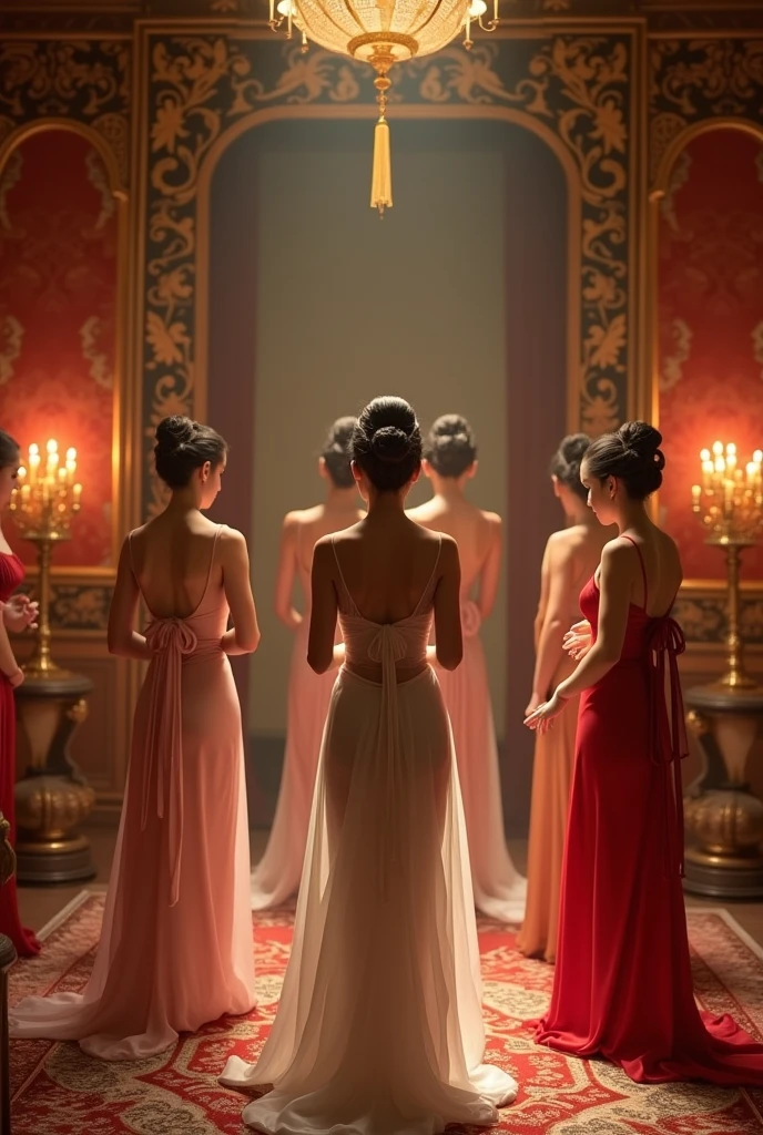 Large group of Palace maids, Uzbekistan, photo realistic:1.4), (hyper realistic:1.4), (realistic:1.3), (smoother lighting:1.05), (increase cinematic lighting quality:0.9), 32K,20yo girl, realistic lighting, backlighting, light on face, ray trace, (brightening light:1.2), (Increase quality:1.4), (best quality real texture skin:1.4), finely detailed eyes, finely detailed face, finely quality eyes, (joy, blush), (tired and sleepy and satisfied:0.0), face closeup, t-shirts, (Increase body line mood:1.1), (Increase skin texture beauty:1.1)