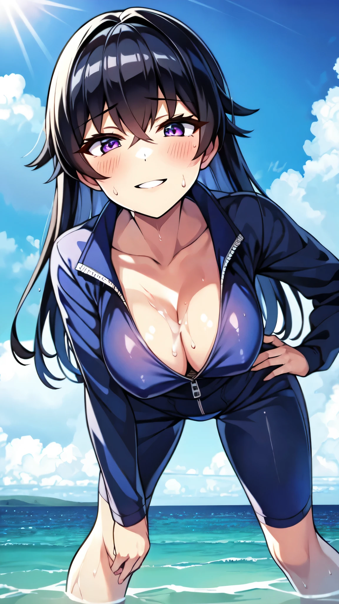 （（super high quality,））（（Ultra-high resolution,））（16K,）（super masterpiece,）（（Ultra HD ,））（Detailed shading,）（（Full Color,））Sea in clear skies,Looking up from below,One Girl,（（A shiny navy blue skin-tight sweatsuit,Cleavage,Open from neck to chest:1.8,popped Tight open collar:1.6,Long sleeve,））sexly,（Straight black long hair）,Bangs cross in front of the forehead,smile,blush,Sharp eyes,A lot of water splashing from below,Soaking wet,Sweaty,Open your legs a little,Leaning forward greatly,Put your hands on your hips,