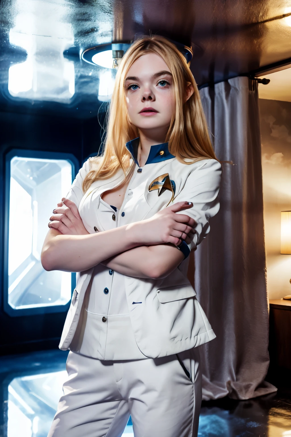 elle fanning, bigfaketits, hcarolin, a woman in a white suit standing in a room with lights on the ceiling and a circular light behind her, Star Trek setting, retrofuturism, freckles, crossed arms, 
masterpiece, best quality,     