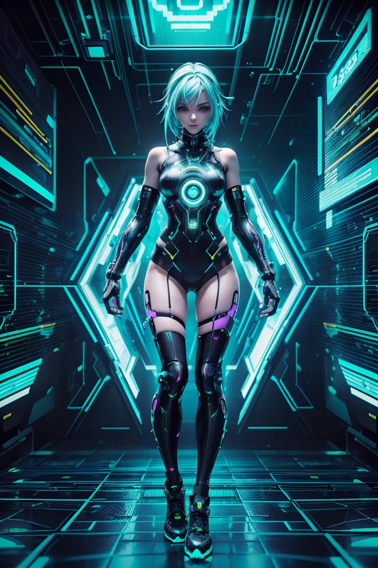 Beautiful 18-year-old cybernetic girl looking at the camera ((Crouching sitting on the floor))Bikini muscles detailed realistic masterpiece, Pose ativa, action pose, luz LED | |, Gold Parts, franja, cabelo curto, vista traseira, Costas,em uma cidade a noite neon