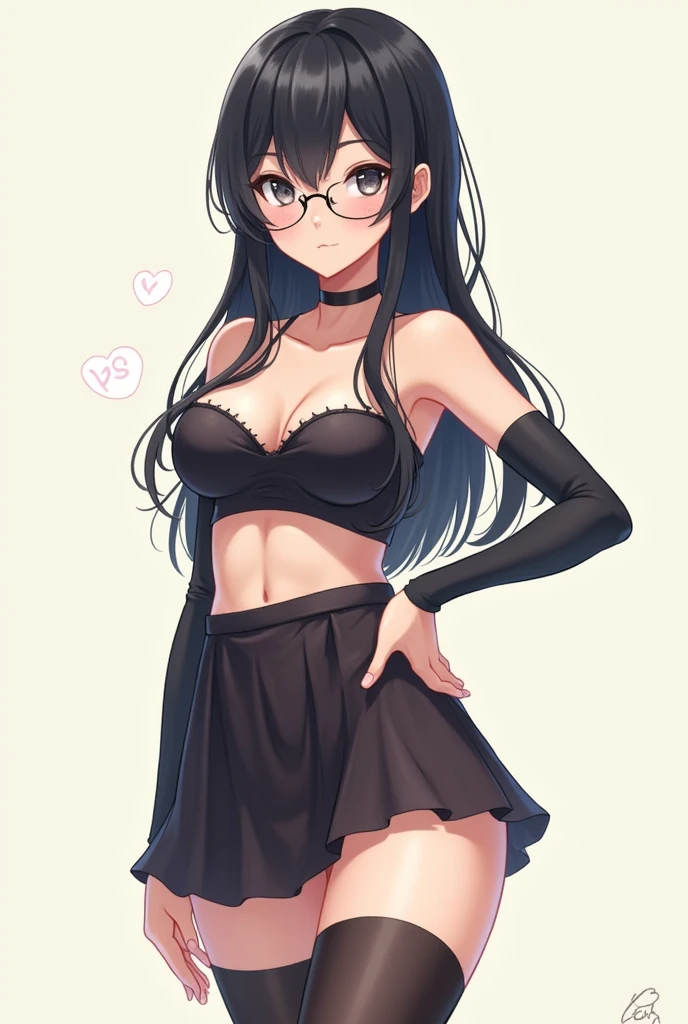 Masterpiece, top quality, very thin, anime, illustration of a beautiful girl with glasses and long straight black hair wearing a bra for the first time, struggling to fasten the hook in the back.