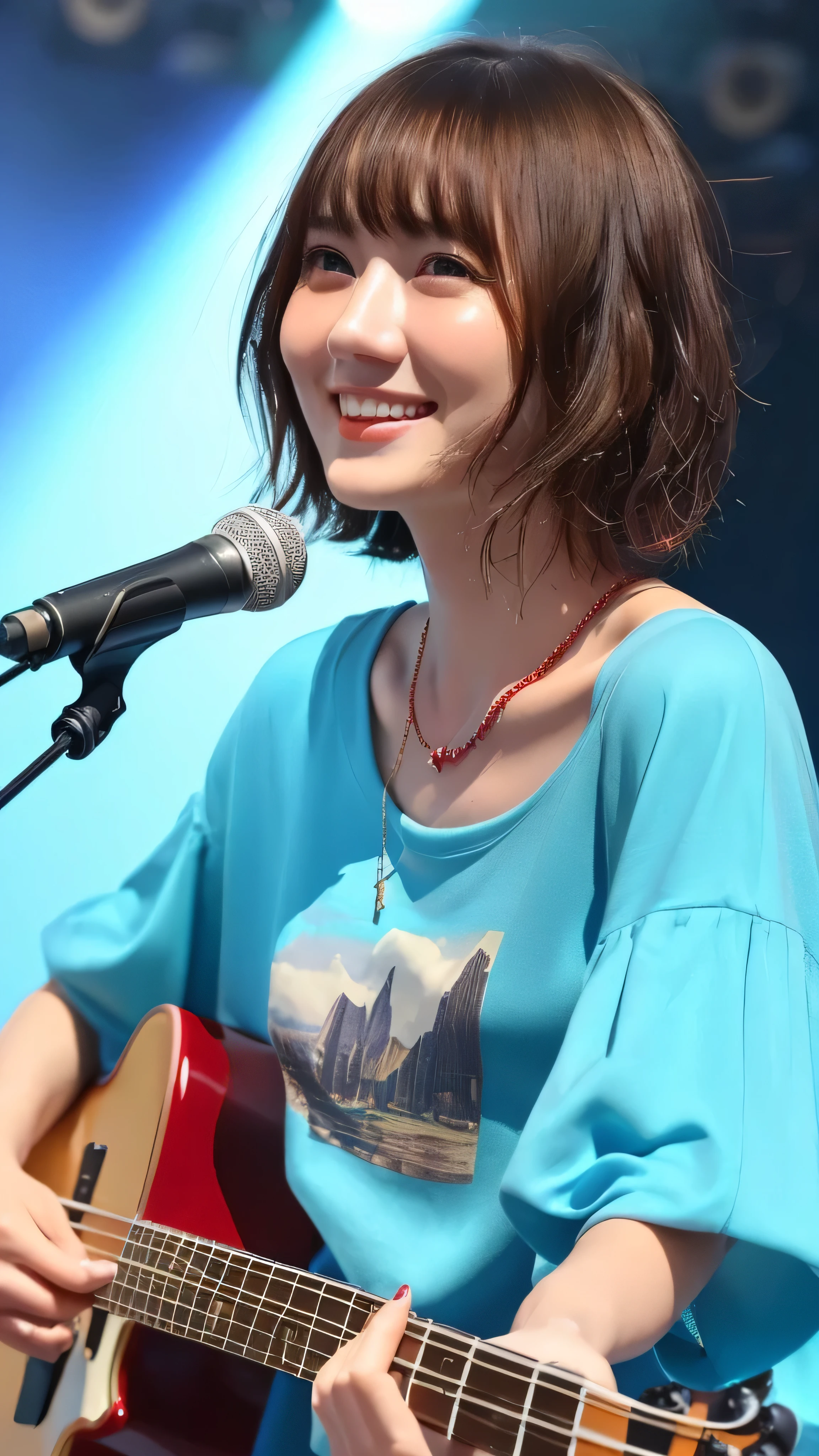 ((Highest quality))、(masterpiece:1.4)、RAW Photos、8k、((Best image quality))、 ((High resolution))、Big Breasts、Beautiful face in every detail、Realistic human skin、Gentle expression、(One Woman:1.3 )、Realistic、Realistic、(Very short hair:1.4)、(Beautiful woman)、(Cute Japanese Girl)、(mannish)、((Beautiful woman))、(Beautiful Hair)、((Dark brown hair))、(((Red cheeks)))、((Her eyes are big))、20 year old beauty、Small Head、((Long neck))、Pale skin、Immaculate skin、With bangs、Everyone longs for、Japanese beautiful woman、8 heads、(necklace)、(Music Festival:1.4)、blue sky、singer、(Concert T-shirts)、smile、(Larger clothes:1.3)、Happy expression、(Bass guitar:1.3)、(on stage:1.3)、blue sky、Stand microphone