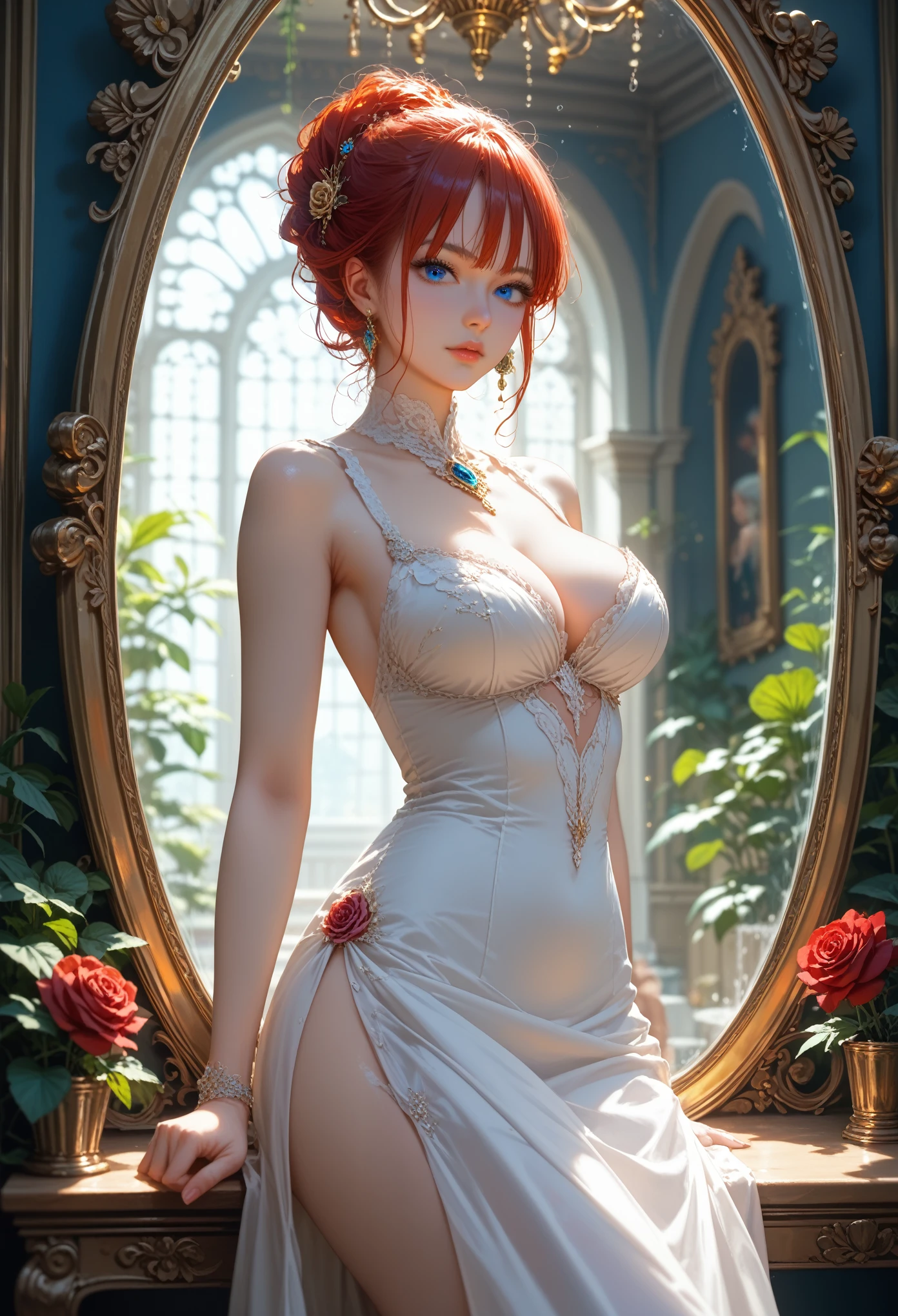 Anime girl, Bright Beautiful, sexy, curvy, Beautiful face, voluminous hair, beautiful blue eyes, ((Dressed in a Black Red White Dress Suit цвета)) in fountain, Column Entwined with Roses,Very nice and detailed, Beautiful Detailed Colors, Small parts, Grass Green, Shine, Anime girl, Bright Beautiful, sexy, curvy, Beautiful face, voluminous hair, beautiful blue eyes, ((Dressed in a Black Red White Dress Suit)), stands near a large mirror with golden patterns and purple stones and is entwined with vines, looks at the viewer, Room with Different Colors,Small parts, a lot of details, Very well thought out picture,masterpiece, dynamic shadows,score_9, score_8_up, score_7_up, dramatic lighting, highly detailed, high budget, bokeh, cinemascope, moody, epic, gorgeous, film grain, grainy, masterpiece, best quality, perfect anatomy, very aesthetic, official art, 8k,novuschroma70 style, Shine,
