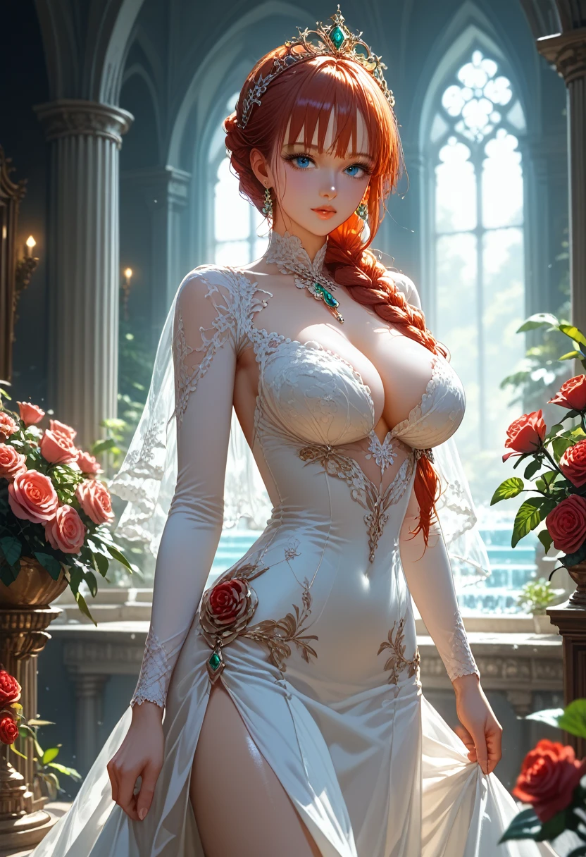 woman with short red hair, white eyes, glasses, tall body, big breasts, wearing a dress, in the bedroom
