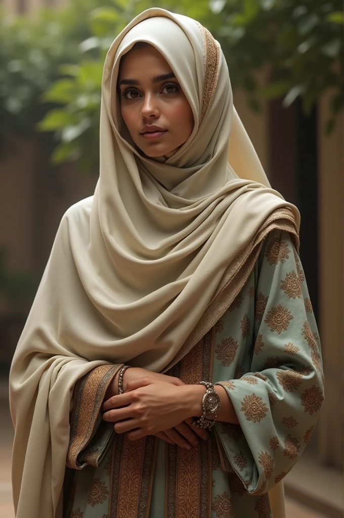 A detailed, realistic image of Fatima, dressed in traditional Muslim attire with a hijab, holding a quill in one hand and an ancient scroll in the other. The background should feature an intricate Islamic pattern, symbolizing the merging of faith and knowledge. The lighting should be soft, giving the scene a sense of reverence and history.