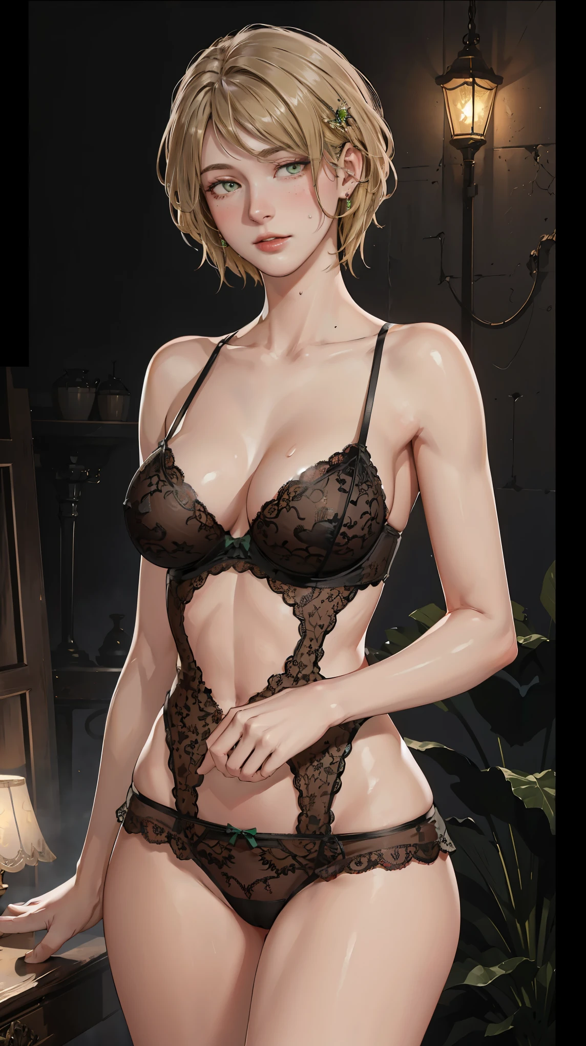 ((((masterpiece, best quality, high resolution)))), Extremely detailed 8K, Beautiful girl with voluptuous body, (Ultra HD, Ultra-detailed, Highly detailed, Highly realistic, Ultra-realistic, photograph realistic), (1girl:1.5), (Realistic blonde hair), (short silky hair, hair ornaments, earrings), (dynamic poses), facing at camera, looking at viewer, (blushing red, embarrassed, exhausted), (green eyes, sharp eyes), (medium perky breasts:1.3), (wide hips:1.2), (beautiful detailed face, beautiful detailed eyes), ((black lace lingerie, thin material)), (detail pussy), (standing up), sweat, glow, (nightlight), ((cowboy shot)), seductive, (toned muscle)
