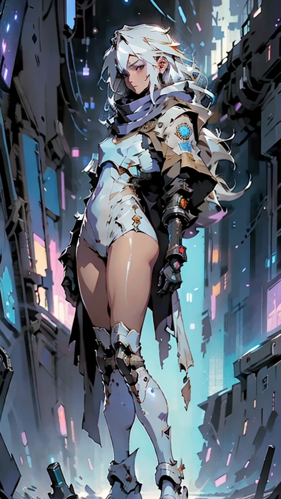 masterpiece, best quality, 4K, Mecha, starry Sky, Sky, Star(Sky), cape, scarf, Slender legs, long hair, white hair, cyberpunk, depth of field, blurred background,
