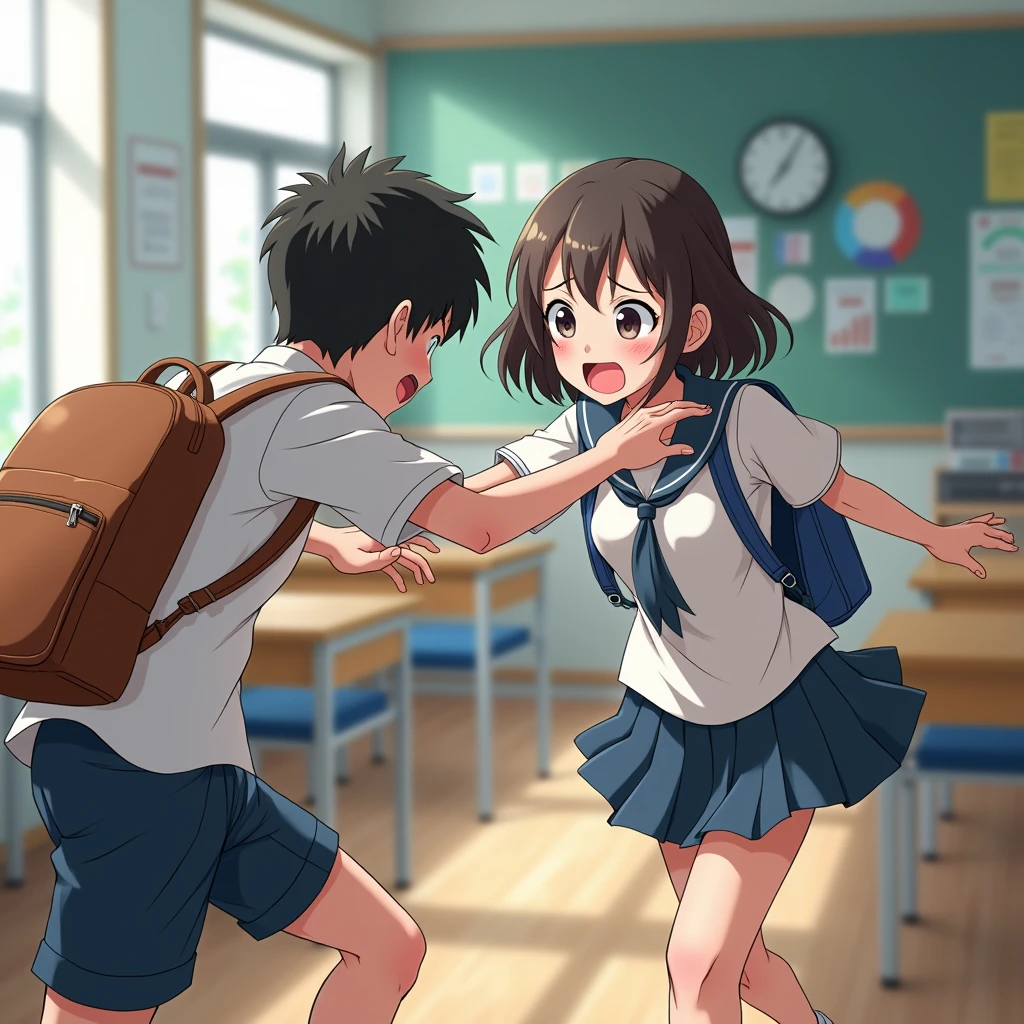 Reflects light beautifully.A high school girl wearing a sailor uniform、This is a scene where a male student in a classmate's uniform is lifting up her skirt.。High school girls in pure white blouses、She wears a sailor uniform with a distinctive navy blue sailor collar.、She is desperately holding down her navy blue pleated skirt.。her face turns red、With a look of anger and embarrassment、She is glaring at the male student with tears in her eyes.。Her hair is shoulder-length、The bangs are a little messy.、It shows the intensity of the movement。 she前かがみになり、The skirt is held down by the inner thighs。Her hands were gripping the hem of her skirt tightly.、I'm so tense my knuckles are turning white。Her legs were shaking with tension、You can see the muscle tension through the stockings.。 on the other hand、The male students are wearing school uniforms、White shirt and blue tie、And he's wearing black pants。He's full of mischief、Grabbing a high school girl's skirt with one hand、With the other hand, he tries to turn it up even further.。His expression is joyful、There is a smile on his face.。His eyes were shining with excitement、You can see the anticipation of the prank succeeding.。 The high school girl's skirt slowly々When it is turned over、The white string panties are visible、Her face gets even redder。she「stop!」While shouting、I desperately hold down my skirt。His voice was trembling and angry.、Her embarrassment and anger are palpable.。 The male student ignored the voice.、Pull the skirt with more force.。His hand movements are quick、The hem of the skirt sways。With his powerful hand movements、In contrast, the desperate resistance of high school girls is depicted.。 In the background, the schoolyard and hallways are spread out.、It gives a glimpse into everyday school life.。There may be other students around watching from a distance.、Because they are concentrating on the offense and defense of the two、The background is slightly blurred。 With natural light shining in、Their movements create a shadow.、It gives a realistic texture and a sense of presence.。Because it is drawn in a full-body composition、The posture and facial expression of the two、The hand movements are depicted in detail。especially、The contrast between light and shadow is enhanced、The movements and emotions of the two people emerge more clearly.。