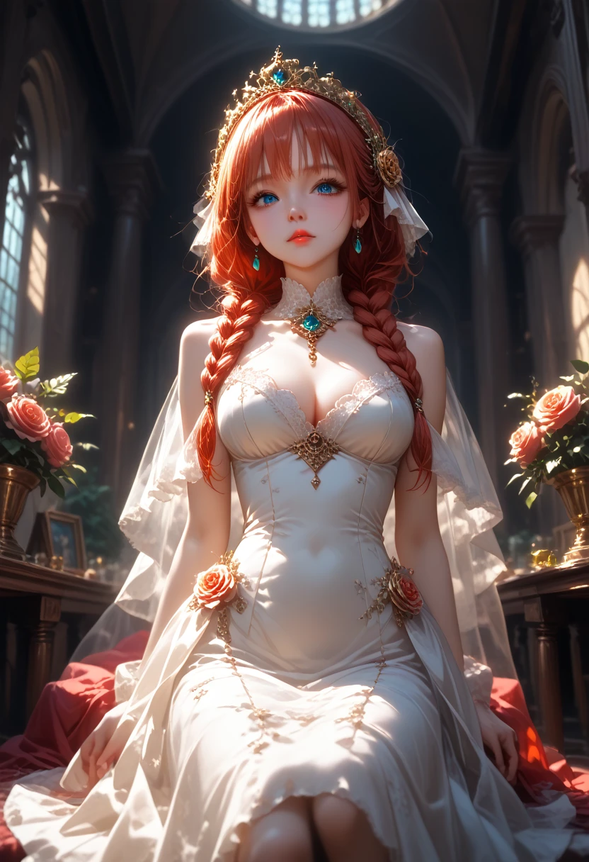 masterpiece, best quality, best illustration, HDR, beautiful details, intricate details, detailed scenery, dramatic light, best shadow, (full body shot), (1girl), anna of arendelle, red hair, blue eyes, braid, sitted, hands pushing breasts together, masturbation from below, Grab your own breasts, spread open legs, thighs, view from below ((intricate lace lingerie)), (detailed beautiful eyes)