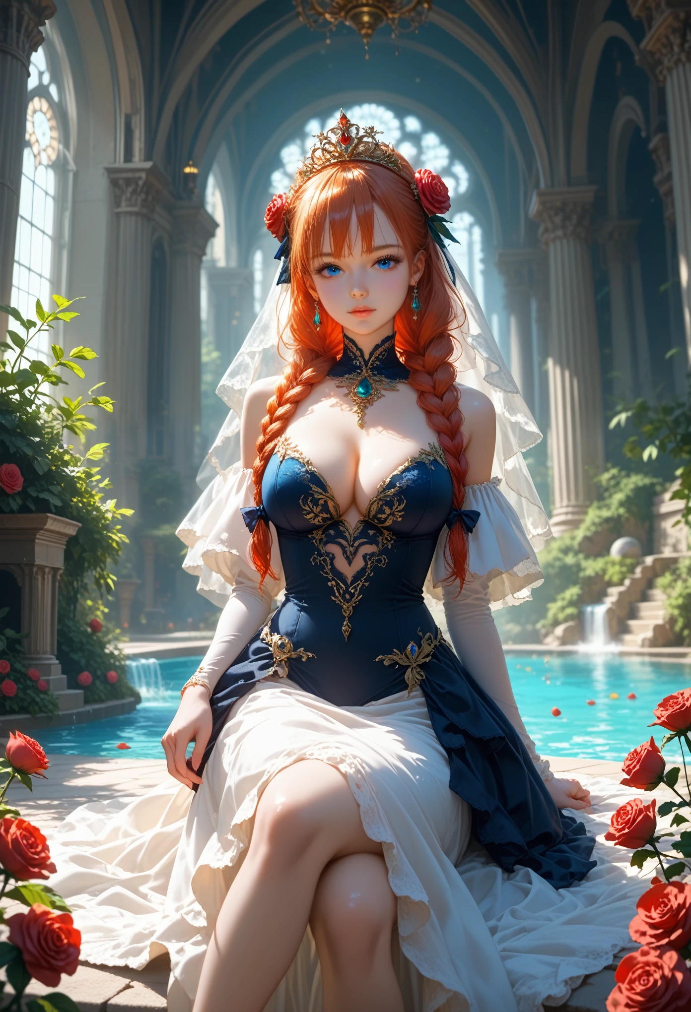 Anime girl, Bright Beautiful, sexy, curvy, Beautiful face, Voluminous Hair Color Bright Dark, beautiful blue eyes, ((Dressed in a Black Red White Suit Dress)) Sitting By The Fountain In The Form Of A Dolphin Very Detailed, Water flows from it beautifully, Fruits and Various Goodies,There stands a column entwined with roses, Very nice and detailed, Beautiful Detailed Colors, Small parts, Grass Green,With Golden Patterns and Purple Stones and Braided with Vine, looks at the viewer, Room with Different Colors,Small parts, a lot of details, Very well thought out picture,masterpiece, dynamic shadows,score_9, score_8_up, score_7_up, dramatic lighting, highly detailed, high budget, bokeh, cinemascope, moody, epic, gorgeous, film grain, grainy, masterpiece, best quality, perfect anatomy, very aesthetic, official art, 8k,novuschroma70 style, Shine,