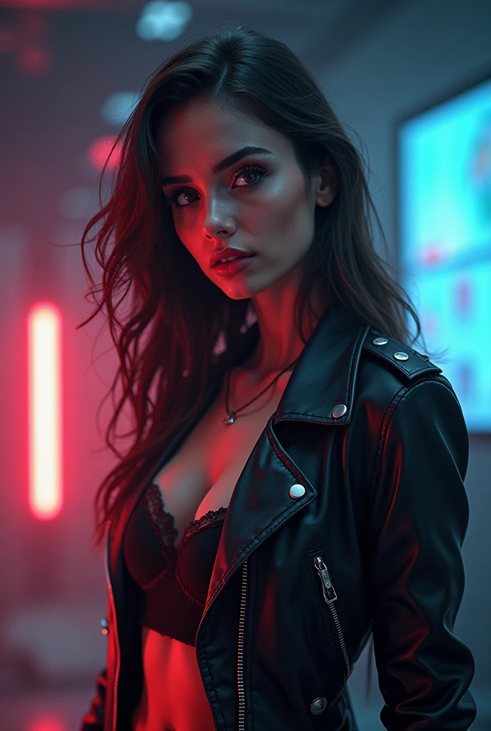 ((Very beautiful girl)), 8k, Young beautiful girl, sexy girl, ((colored long hair)), ((very long hair)), complex makeup, ((big tits)), ((huge breasts)), large breasts, ((huge tits)), ((plump lips)), pouty lips, pouty lips, big lips, ((big expressive black eyes)), big eyes, perfect beautiful girl, young mommy, necklace, glitter, ((perfect hands)), wet, sexy, ((in a business suit)), Background: ((neon dark wall)), close-up, many details, contour lighting, ((business suit)), close-up, first person, sex, lust, debauchery,