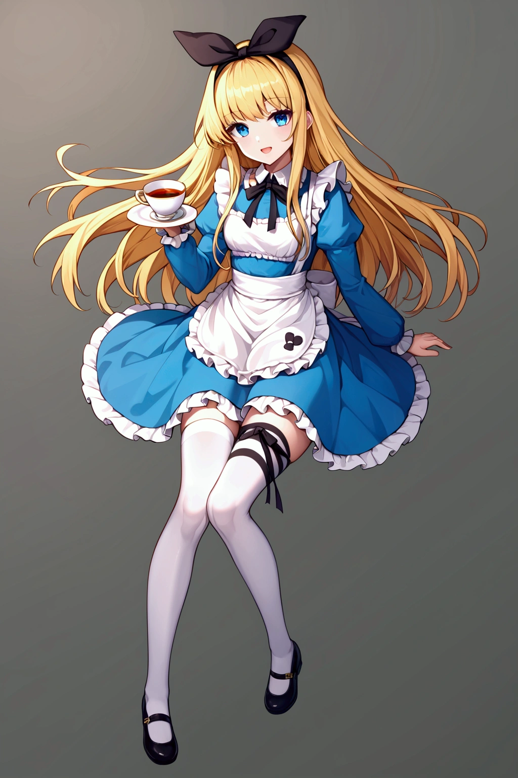 (masterpiece:1.2), (best quality:1.2), 1girl, alice (\alice in wonderland\), solo, blonde hair, long hair, bangs, blue eyes, smile, faint lips, open mouth, aqua dress, frilled dress, apron dress, black ribbon, long sleeves, frilled sleeves, black headband, hair ribbon, frilled skirt, white thighhighs, (striped thighhighs), leg ribbon, strap shoes, stuffed animal, stuffed toy, stuffed, tea, tea cup, playing card, simple background