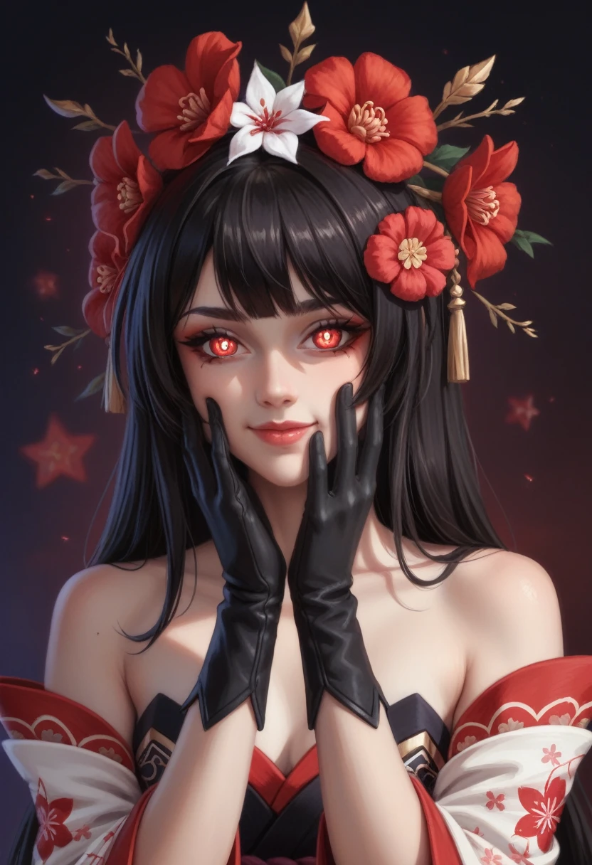 By personalami. sparkle \(honkai: star rail\),1girl,solo,gloves,japanese clothes,black gloves,bare shoulders, black long hair hair red line hair,, red eyes, evil lover yandere flower pupils, evil psychedelia happy grab own face. from below. 