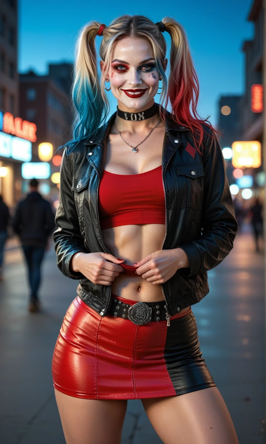 ((NSFW)) Masterpiece, portrait of a beautiful young lady with the apearance of harley quinn with pretty make-up and black and red glossy lips. She is posing seductively with a sexy and sultry expression. She has a tattoo of a skull and heart, and a small diamond tattoo under her eye. She has thick long blonde hair tied in twin bunches with pink and blue ends and she is wearing a small tight black and red leather jacket falling off one shoulder and tight black and red short leather skirt with chains and fishnet stockings. She is in on a city sidwalk in the dusk sun. She has large Voluptuous breasts. One hand is cupping one of her breasts. Taken by professional photographer using a canon 5D mark 3. Extremely detailed and colourful --ar 2:3 --v 6.0 --style raw --s 750