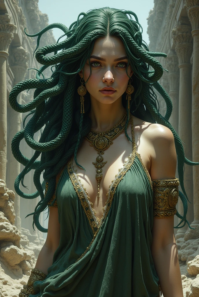 Ful body pose, long legs, Full body, masterpiece body, Full body, Ful body view , full pose , ((best quality)), ((masterpiece)), ((realistic)), Medusa, full miracle body, the hair is composed of countless snakes, snake hair, visible head snakes, snakes have poision fangs,  snakes have a shiny red eyes,  multicolored hair, miracle pretty female face, medium breast,tall body, seductive body, metal carved top, royal aura, trend on artstation , sharp focus, studio photo, intricate detail, very detailed, detailed eye, illustration, very detailed, sharp focus, digital render, professional, 4K, Detailed, Realistic, 4k highly detailed digital art,octane render, bioluminescent, resolution concept art, realism,by Mappa studios,masterpiece,best quality,official art,illustration,ligne claire,(cool_color),perfect composition,absurdres, fantasy, focused, rule of third, fit body , belly muscle, 75D breast , miracle scenery , atrctive face , miracle face, Organza transparent Wawy clothers, no underwear, miracle around scenery old temple around lot of  turned to stone people , lot of visible snakes head with the fangs, Organza more transparent (transparency 2.0 ) , wind , sabres on hands , fit body , no underwear, no bra , no pants , lack underwear , lack bra ,lack pants , snakes head with poisions fangs . Dramatic scenery, water falls on this woman, transparent skimpfy kind of clothers, 