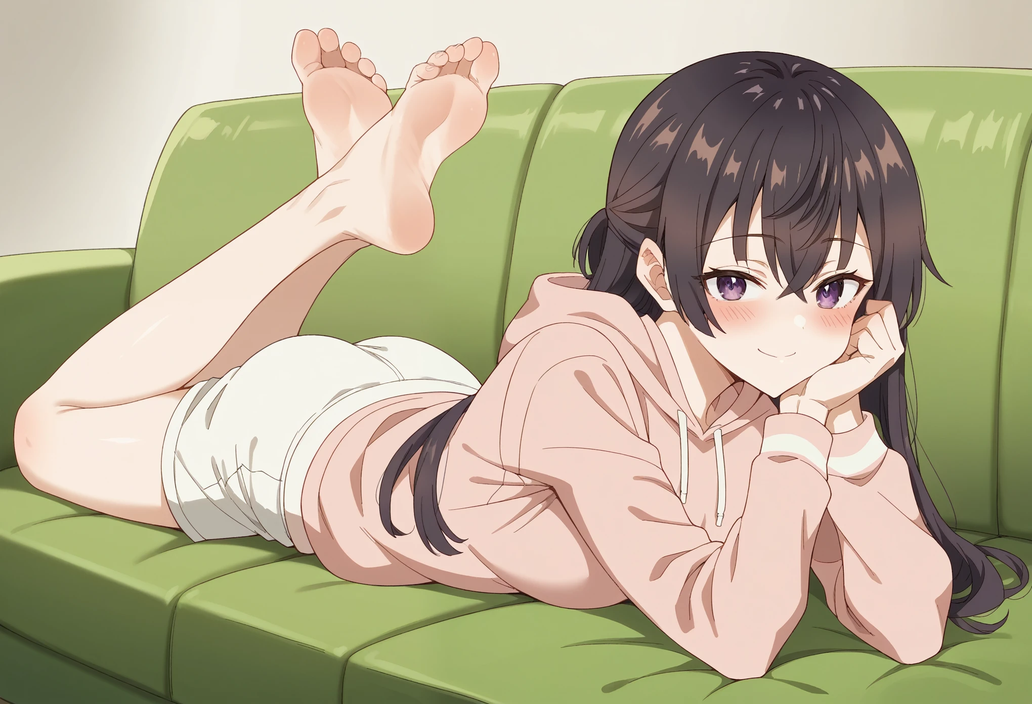 Score_9, Score_8_up, Score_7_up, ASCII masterpiece, source_anime, BREAK, 1girl, solo, yukisou, yukisou, long hair, bangs, brown hair, black hair , hair between eyes, purple eyes, half up, medium breasts, pink hoodie, white shorts, lying on green couch, the pose, mouth down, feet up, lying down, soles of feet, feet, legs up, headrest, barefoot, blush, smile, blushing, 
(Beautiful, medium breasts: 1.2), natural breasts,