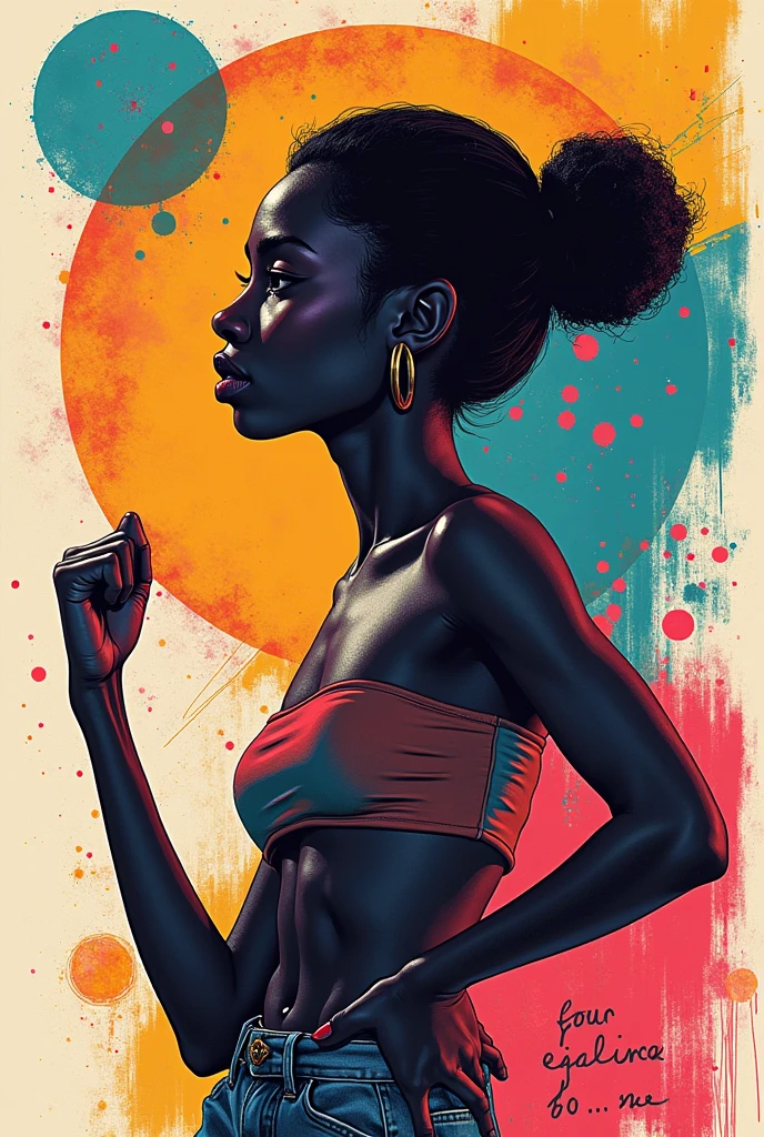 Illustration of confident young black woman, bravery pose, heroine, soft and abstract background --auto --s2