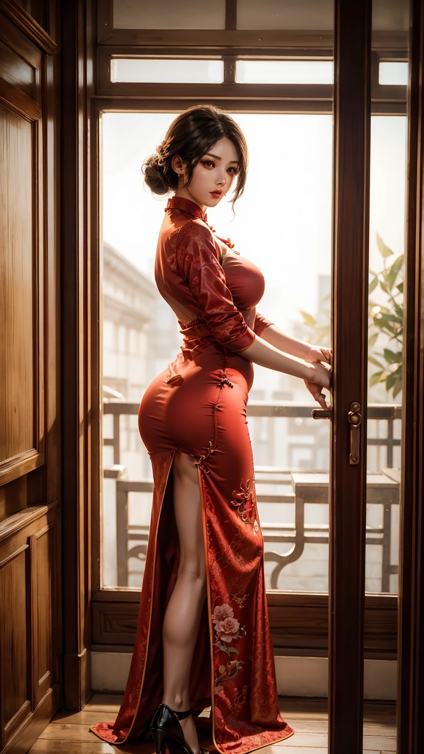 Red cheongsam，a woman,There isking，red clothes， Wearing a red cheongsam, silk fabric,king爱达&#39;Elegant Patterns best quality, 4K, 8k, high resolution, masterpiece:1.2), flowing skirt, High heel, Super detailed, (current, realistically, realistically:1.37), There is.king, art style embryo, (current: 1.2), (endless reality), (masterpiece: 1.2), (best quality), (Super detailed), (8k, 4K, Complex), wear underwear,，High heel(cleavage Bulge 2,8))((tight dress, squeezing breast tightly))