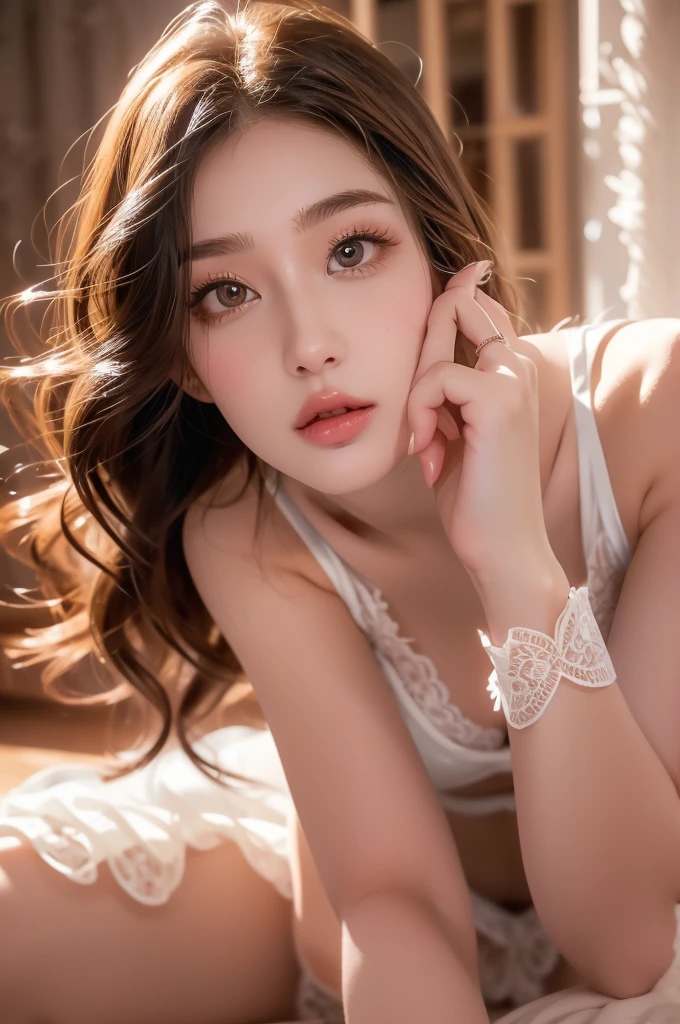 maid girl, portrait of a beautiful maid girl, long detailed hair, cute maid outfit, lace frills, posed selfie, dynamic pose, detailed facial features, beautiful eyes, full lips, flawless skin, high quality photograph, professional lighting, cinematic lighting, vibrant colors, glossy finish, masterpiece