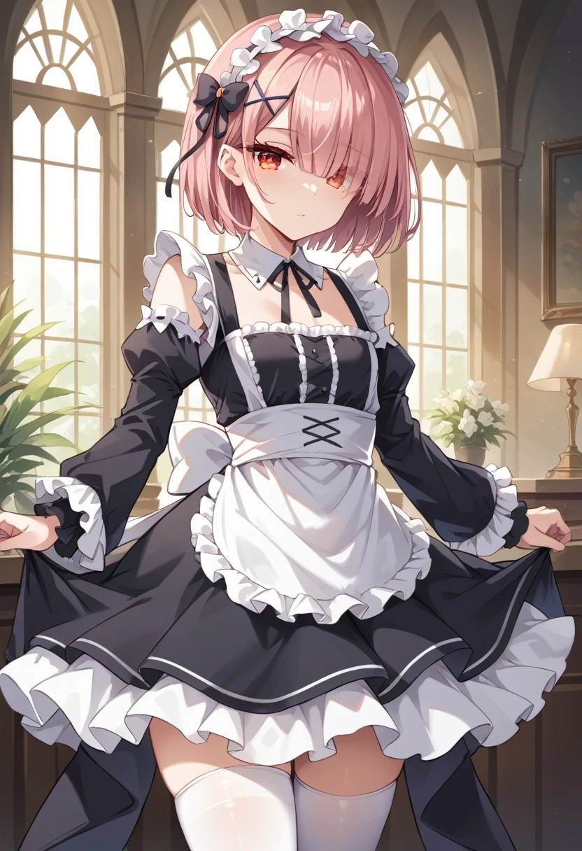 rezeroram, ram, hair flower, hair ornament, hair over one eye, pink hair, (red eyes:1.5), short hair, x hair ornament, bangs, blunt bangs, (flat chest:1.2),
BREAK apron, black bow, black dress, black ribbon, bow, detached sleeves, dress, frilled apron, frilled sleeves, frills, juliet sleeves, long sleeves, maid, neck ribbon, puffy sleeves, ribbon, roswaal mansion maid uniform, thighhighs, two-tone dress, waist apron, white bow, white dress, white thighhighs,
BREAK indoors, mansion,
BREAK looking at viewer, (cowboy shot:1.5),
BREAK (masterpiece:1.2), best quality, high resolution, unity 8k wallpaper, (illustration:0.8), (beautiful detailed eyes:1.6), extremely detailed face, perfect lighting, extremely detailed CG, (perfect hands, perfect anatomy),