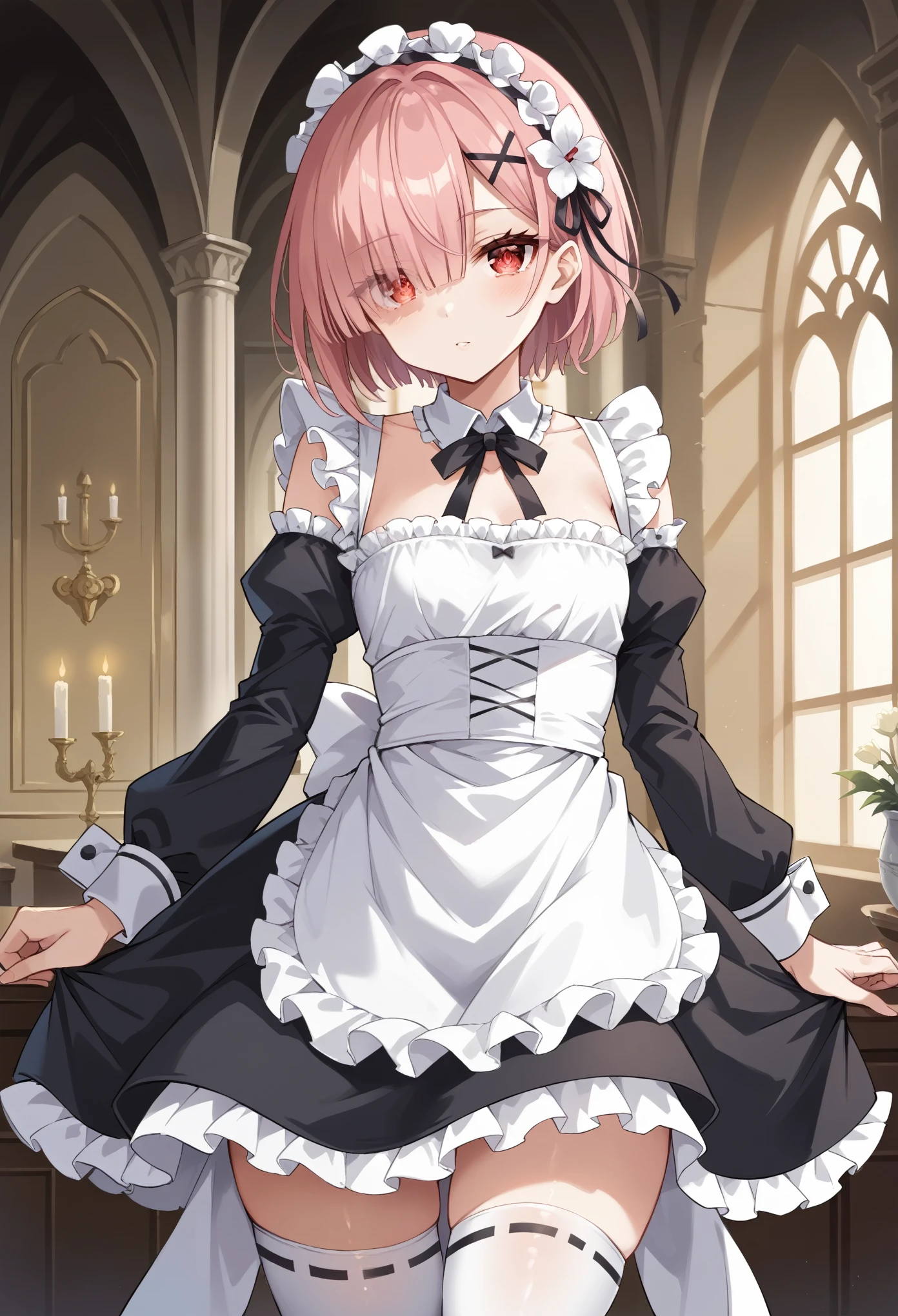 rezeroram, ram, hair flower, hair ornament, hair over one eye, pink hair, (red eyes:1.5), short hair, x hair ornament, bangs, blunt bangs, (flat chest:1.2),
BREAK apron, black bow, black dress, black ribbon, bow, detached sleeves, dress, frilled apron, frilled sleeves, frills, juliet sleeves, long sleeves, maid, neck ribbon, puffy sleeves, ribbon, roswaal mansion maid uniform, thighhighs, two-tone dress, waist apron, white bow, white dress, white thighhighs,
BREAK indoors, mansion,
BREAK looking at viewer, (cowboy shot:1.5),
BREAK (masterpiece:1.2), best quality, high resolution, unity 8k wallpaper, (illustration:0.8), (beautiful detailed eyes:1.6), extremely detailed face, perfect lighting, extremely detailed CG, (perfect hands, perfect anatomy),