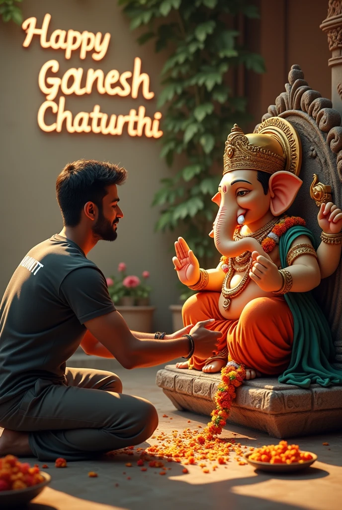 A boy wearing tshirt behind write name is PRATIK 
is praying lord ganesha