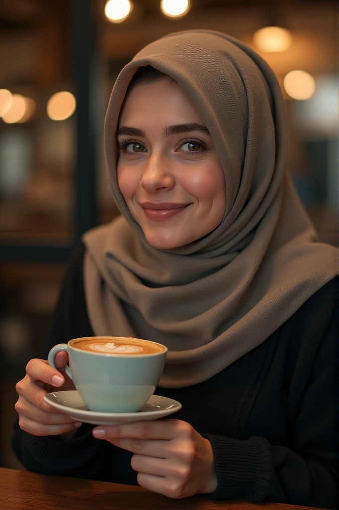 Hijab , portrait half body shoot 1:2 , holding a cup of coffee. Dominance smile. Perfect heeth.shoot by canon r6 Godox v1 Speedlite. Lace hijab. Wear minimalist flower hijab. Girl average 2. Samo matang skin. Simple make up. Perfect hijab. Cafe background. 