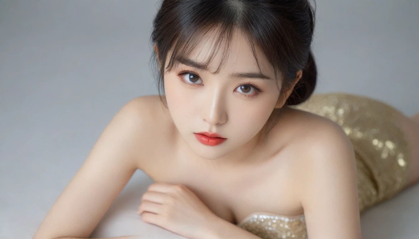 masterpiece, Highest quality, alone, One girl, Glowing Skin, Hoop Earrings, glamorous, Whimsical details, Slicked back hair, Fascinating, Shallow depth of field, Contrasting, Professional models, Facing forward, Portraiture 、((Completely naked))、(((nsfw))),((Upper Body:1.2)),((((Completely naked))))、(((Facing forward:1.2)))