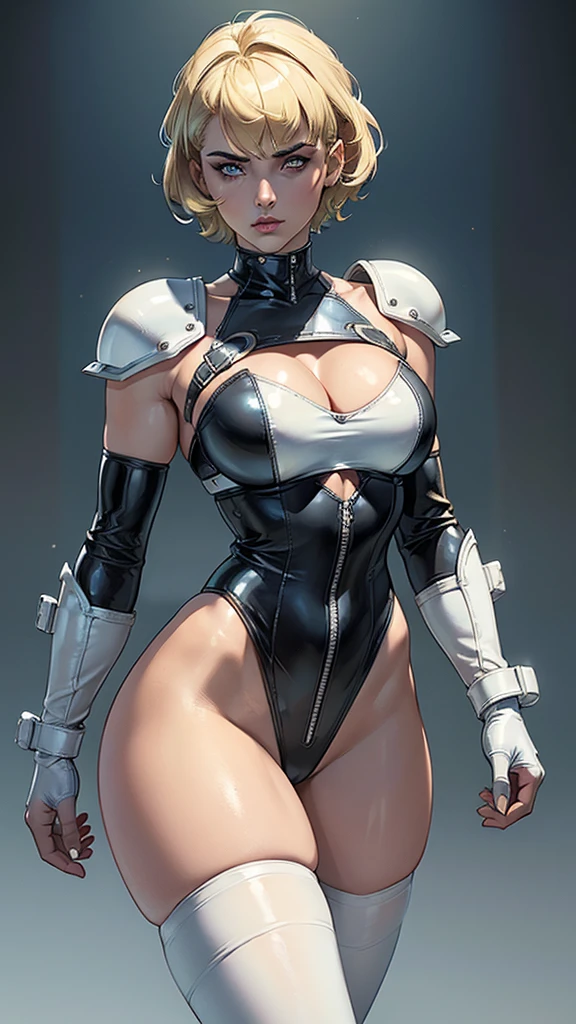 (((Woman))), (((best qualityer))), (((​masterpiece))), (((grown-up))), Stefania Ferrario, Uma gladiadora cyberpunk Woman de 25 anos com corpo perfeito, armour alienígena, madmax style, (( short blonde hair with bangs over the eyes )), (white elbow leather gloves), ((white leather thigh highs)) tiny leather panties, Ripped Metallica T-shirt, almost naked in Simon Bisley&#39;s wild urban style for the cover of Heavy Metal magazine, short blonde hair, Minimal clothing, Metal protection on the left arm with complex graphics, Dark red with white stars and black and white checkered pattern, armour, full of spikes and rivets, (((from the knee up))), short white blonde hair, in the background a wall painted by Banksy with an intricate design