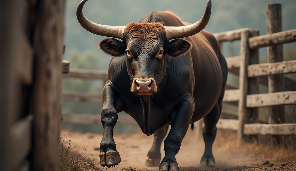 A realistic photograph of a bull in a fenced area, aggressively ...