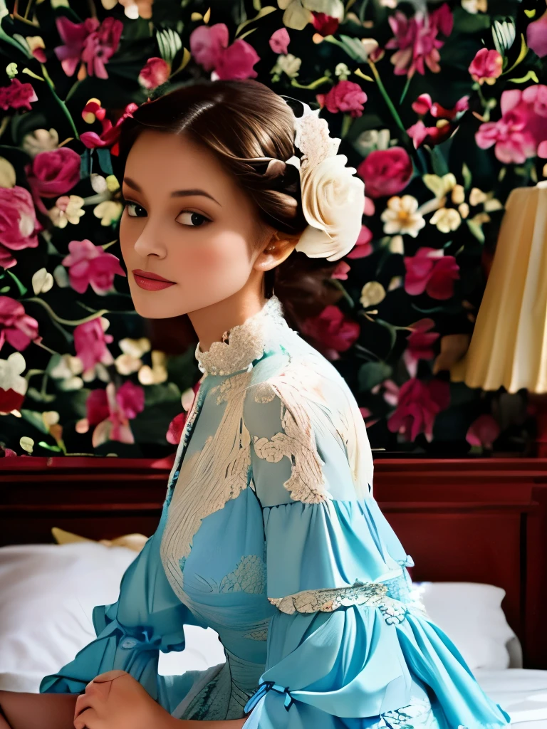 Elaborate Rococo hairstyle adorned with a white feather accessory, intricate light blue and cream floral dress featuring lace sleeves and delicate ruffles, seated elegantly on a bed with vintage floral wallpaper in the background, soft natural lighting creating a serene and timeless atmosphere, photographed from a side angle showcasing detailed antique fashion.