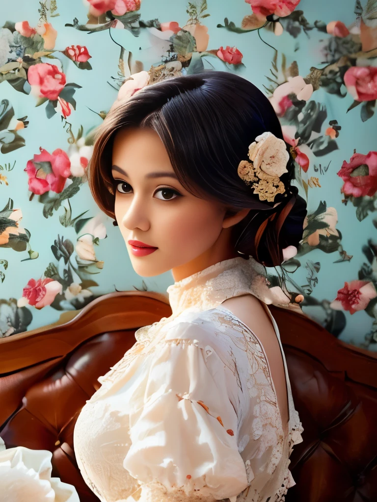 Elaborate Rococo hairstyle adorned with a white feather accessory, intricate light blue and cream floral dress featuring lace sleeves and delicate ruffles, seated elegantly on a bed with vintage floral wallpaper in the background, soft natural lighting creating a serene and timeless atmosphere, photographed from a side angle showcasing detailed antique fashion.