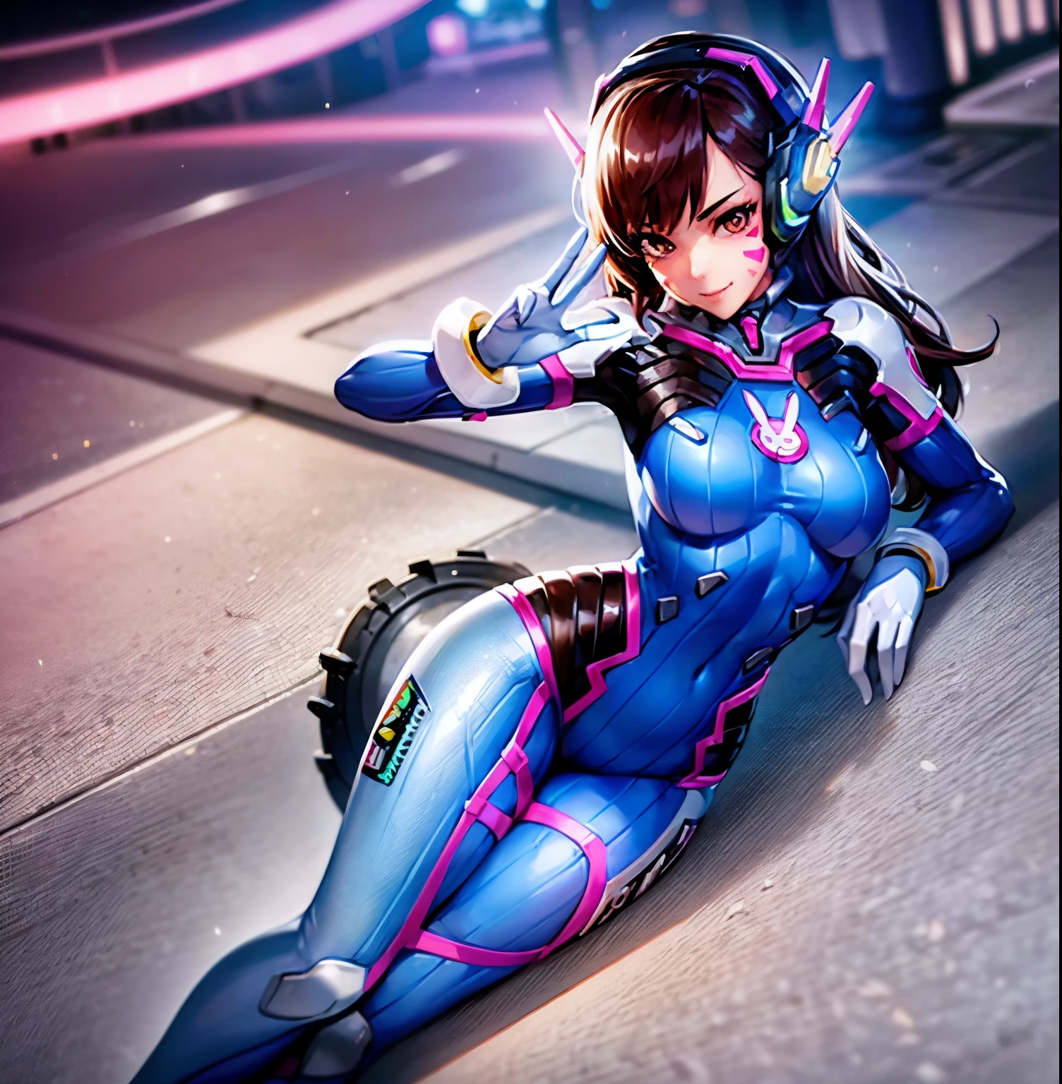 ((1girl)),((alone)),d.va \(overwatch\),(masterpiece), (best quality), (ultra detailed), (best illustration), (best shadow), (absurdities), sharp focus, cowboy shot, atmospheric perspective, depth of field, dynamic posture, ((looking at viewer)), large breasts, narrow waist, wide hips, medium thighs, round butt, erotic, romantic, (highly detailed eyes, lips 1.1), very detailed eyes, eyes, Very detailed face, Very beautiful face, Symmetrical face, Aesthetic face, perfect face, perfect eyes, detailed eyelashes: 1.5), full height, beautiful slim figure, femininity, expressive appearance, elastic big breasts , sexuality, lips parted, (brown eyes), long hair, brown hair, swept bangs, headphones, blue jumpsuit, ribbed jumpsuit, pilot suit, bunny print, v, whisker marks, face paint, white gloves, face mark , pink lips, turtleneck, shoulder pads, ),(, meverwatch\ ), robot, curves, defined body, Perfect and beautiful body, perfect and beautiful, closed mouth, ((smug smile)), (smug), flirtatious expression, (sexy pose: 1.2), ((alone)), standing: 1.4,((outdoor, Korean city, night, cityscape, streets, city, city lights,)), Looking forward, ((focus on hips:1.4)), point of view: (from below), perfect anatomy, perfect hands