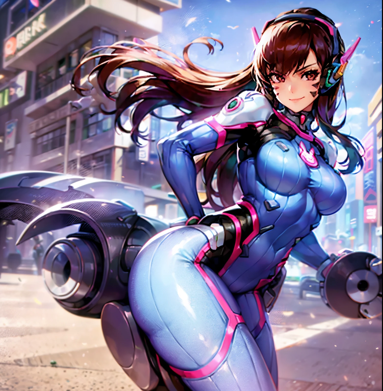 ((1girl)),((alone)),d.va \(overwatch\),(masterpiece), (best quality), (ultra detailed), (best illustration), (best shadow), (absurdities), sharp focus, cowboy shot, atmospheric perspective, depth of field, dynamic posture, ((looking at viewer)), large breasts, narrow waist, wide hips, medium thighs, round butt, erotic, romantic, (highly detailed eyes, lips 1.1), very detailed eyes, eyes, Very detailed face, Very beautiful face, Symmetrical face, Aesthetic face, perfect face, perfect eyes, detailed eyelashes: 1.5), full height, beautiful slim figure, femininity, expressive appearance, elastic big breasts , sexuality, lips parted, (brown eyes), long hair, brown hair, swept bangs, headphones, blue jumpsuit, ribbed jumpsuit, pilot suit, bunny print, v, whisker marks, face paint, white gloves, face mark , pink lips, turtleneck, shoulder pads, ),(, meverwatch\ ), robot, curves, defined body, Perfect and beautiful body, perfect and beautiful, closed mouth, ((smug smile)), (smug), flirtatious expression, (sexy pose: 1.2), ((alone)), standing: 1.4,((outdoor, Korean city, night, cityscape, streets, city, city lights,)), Looking forward, ((focus on hips:1.4)), point of view: (from below), perfect anatomy, perfect hands