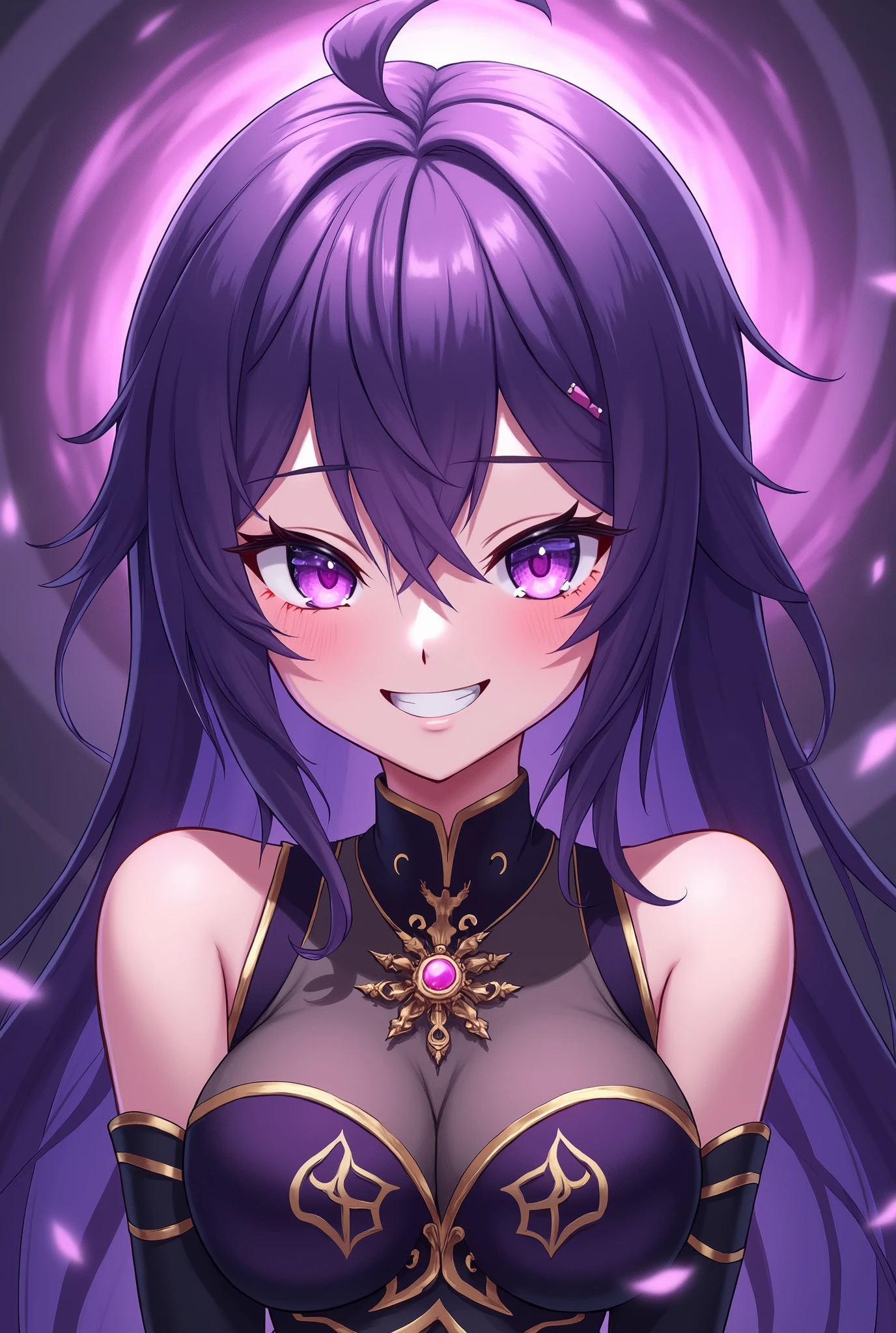 women, necessary, detail, very long hair, purple hair, hair ornament, Red eyes, breasts, smile, shy,