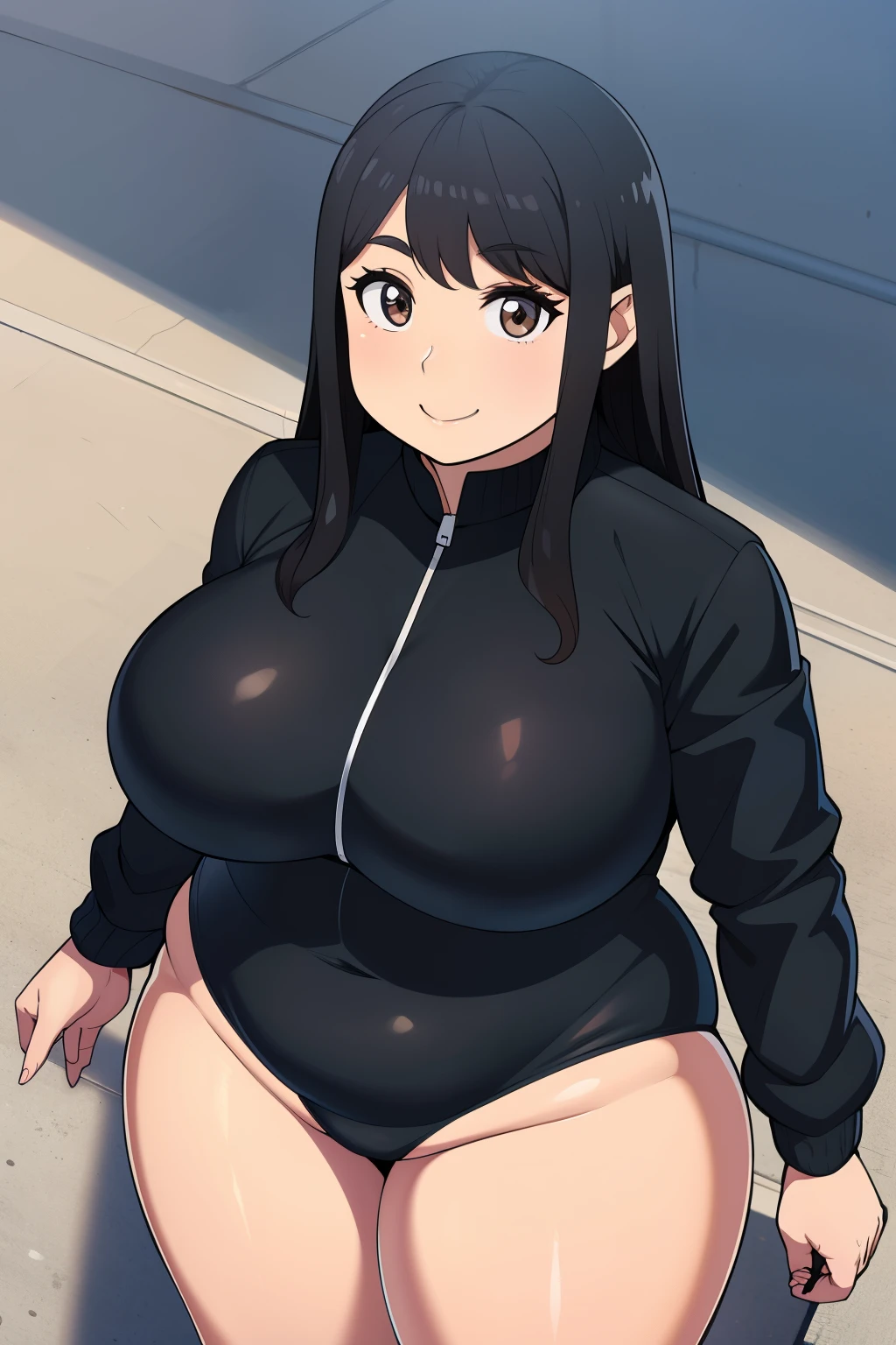 Plump year 21 big breasts black hair brown eyes chubby smile longer hair black jacket leotard view from above 