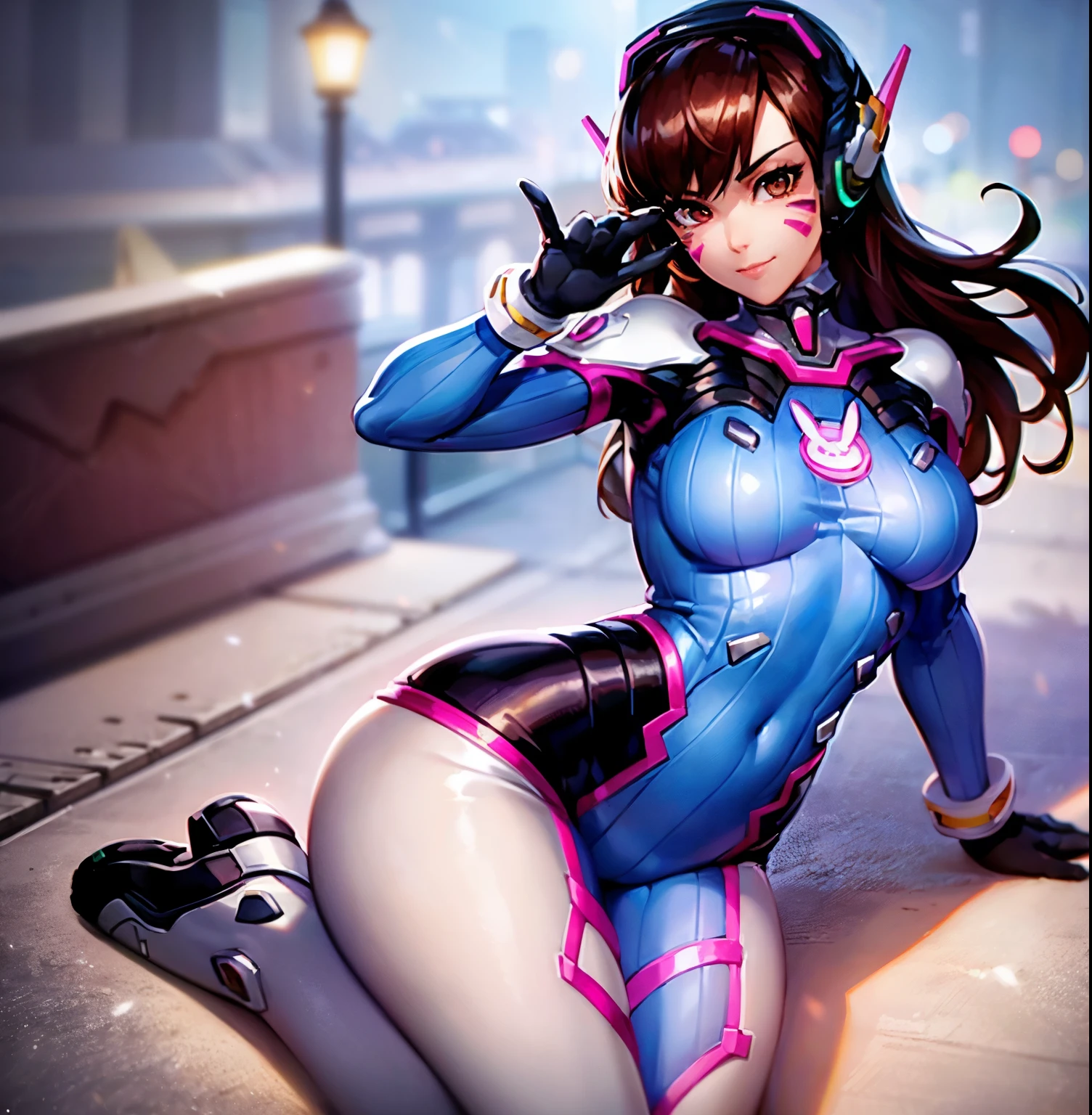 ((1girl)),((alone)),d.va \(overwatch\),(masterpiece), (best quality), (ultra detailed), (best illustration), (best shadow), (absurdities), sharp focus, cowboy shot, atmospheric perspective, depth of field, dynamic posture, ((looking at viewer)), large breasts, narrow waist, wide hips, medium thighs, round butt, erotic, romantic, (highly detailed eyes, lips 1.1), very detailed eyes, eyes, Very detailed face, Very beautiful face, Symmetrical face, Aesthetic face, perfect face, perfect eyes, detailed eyelashes: 1.5), full height, beautiful slim figure, femininity, expressive appearance, elastic big breasts , sexuality, lips parted, (brown eyes), long hair, brown hair, swept bangs, headphones, blue jumpsuit, ribbed jumpsuit, pilot suit, bunny print, v, whisker marks, face paint, white gloves, face mark , pink lips, turtleneck, shoulder pads, ),(, meverwatch\ ), robot, curves, defined body, Perfect and beautiful body, perfect and beautiful, closed mouth, ((smug smile)), (smug), flirtatious expression, (sexy pose: 1.2), ((alone)), standing: 1.4,((outdoor, Korean city, night, cityscape, streets, city, city lights,)), Looking forward, ((focus on breasts:1.4)), point of view: (from above), perfect anatomy, perfect hands