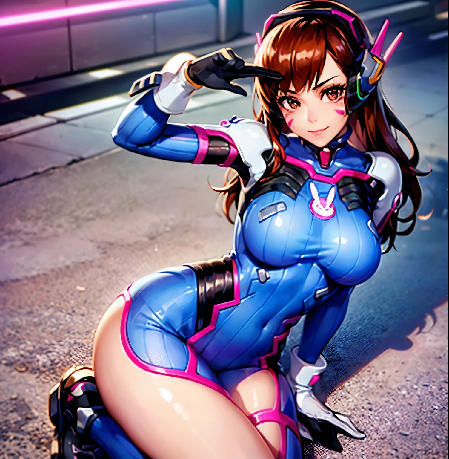 ((1girl)),((alone)),d.va \(overwatch\),(masterpiece), (best quality), (ultra detailed), (best illustration), (best shadow), (absurdities), sharp focus, cowboy shot, atmospheric perspective, depth of field, dynamic posture, ((looking at viewer)), large breasts, narrow waist, wide hips, medium thighs, round butt, erotic, romantic, (highly detailed eyes, lips 1.1), very detailed eyes, eyes, Very detailed face, Very beautiful face, Symmetrical face, Aesthetic face, perfect face, perfect eyes, detailed eyelashes: 1.5), full height, beautiful slim figure, femininity, expressive appearance, elastic big breasts , sexuality, lips parted, (brown eyes), long hair, brown hair, swept bangs, headphones, blue jumpsuit, ribbed jumpsuit, pilot suit, bunny print, v, whisker marks, face paint, white gloves, face mark , pink lips, turtleneck, shoulder pads, ),(, meverwatch\ ), robot, curves, defined body, Perfect and beautiful body, perfect and beautiful, closed mouth, ((smug smile)), (smug), flirtatious expression, (sexy pose: 1.2), ((alone)), standing: 1.4,((outdoor, Korean city, night, cityscape, streets, city, city lights,)), Looking forward, ((focus on breasts:1.4)), point of view: (from above), perfect anatomy, perfect hands