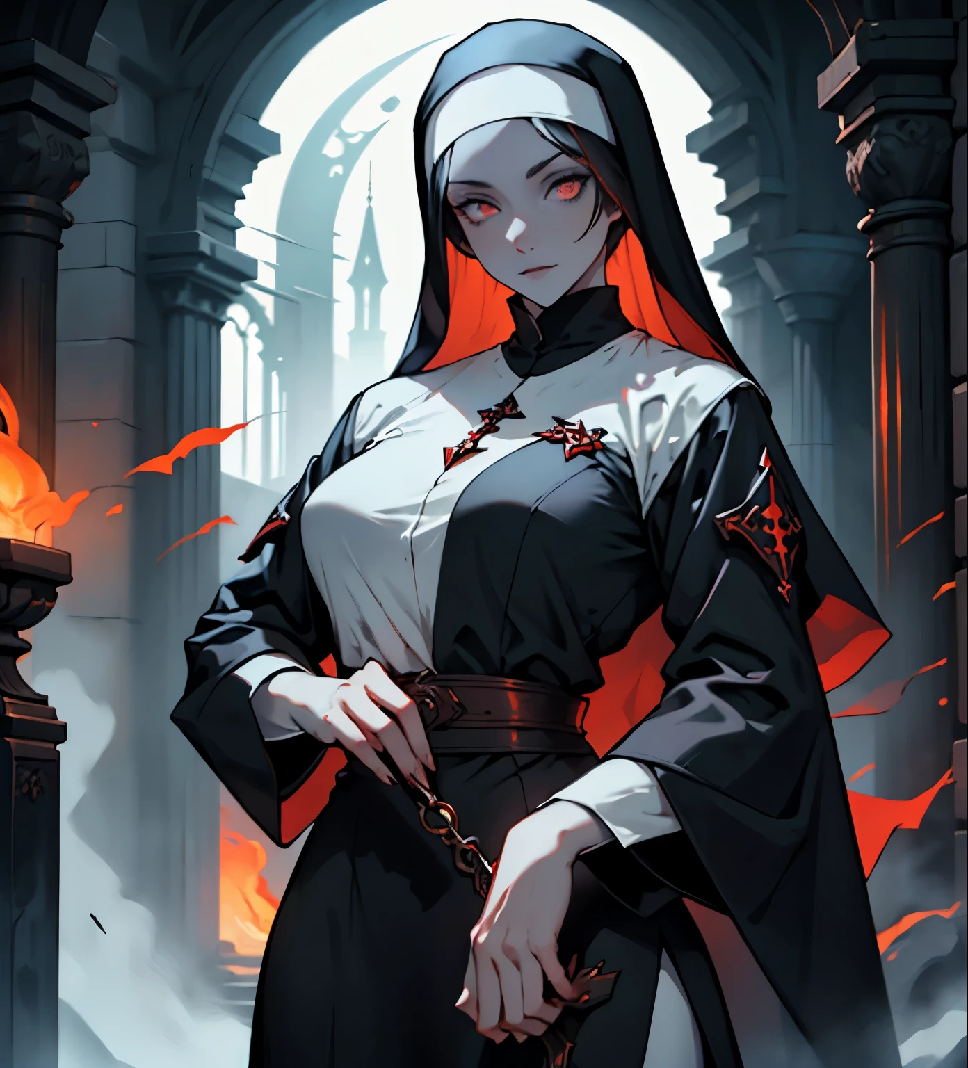 Female, Woman, fantasy, nun uniform, pale skin, vampire shadow_monk, dark veins, Bright eyes